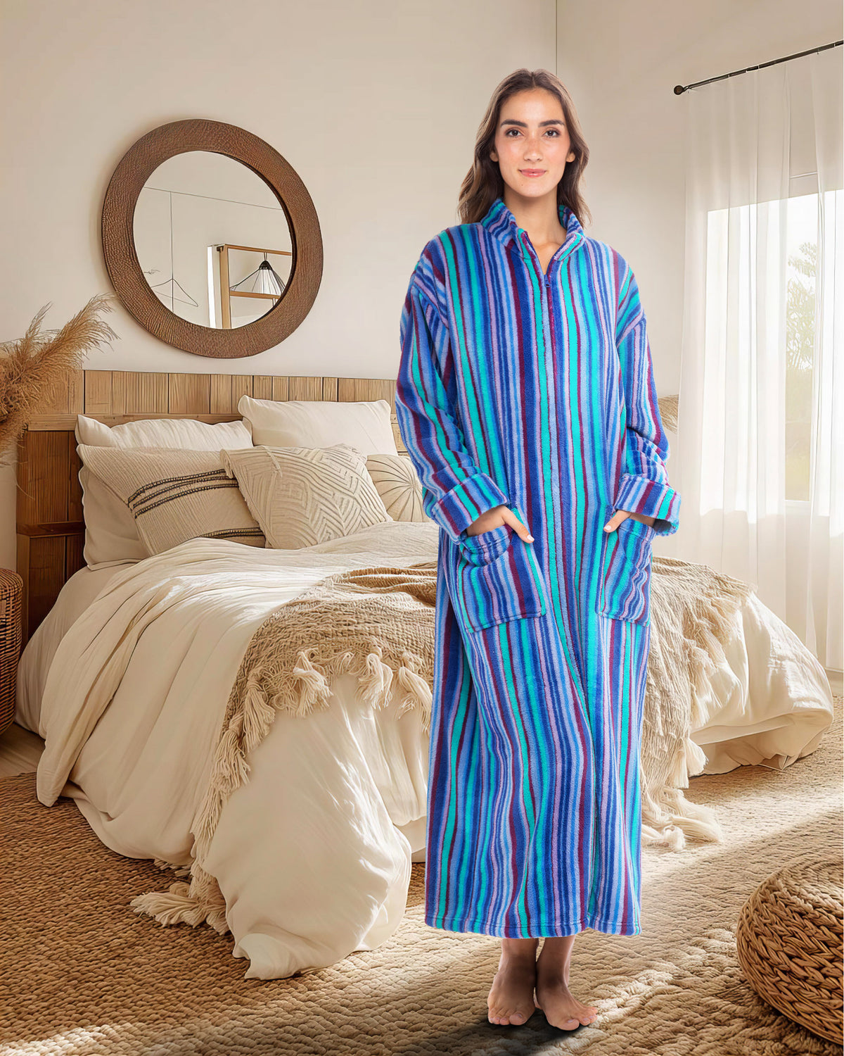 Women's The Blues Striped Zip Up Plush Robe, Oversized Bathrobe with Two Way Zipper