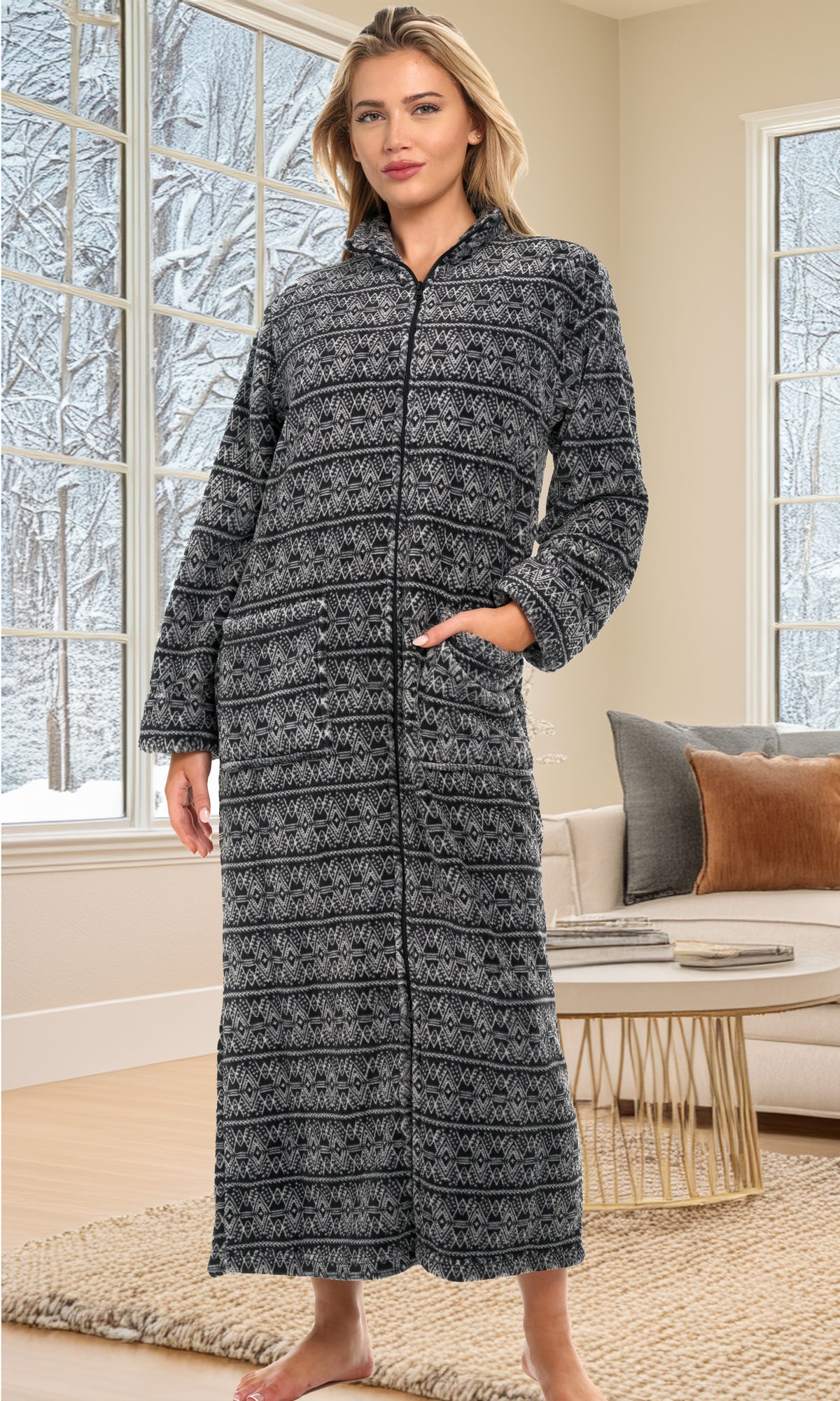 Women's Moroccan Pattern Zip Up Plush Robe, Oversized Bathrobe with Two Way Zipper