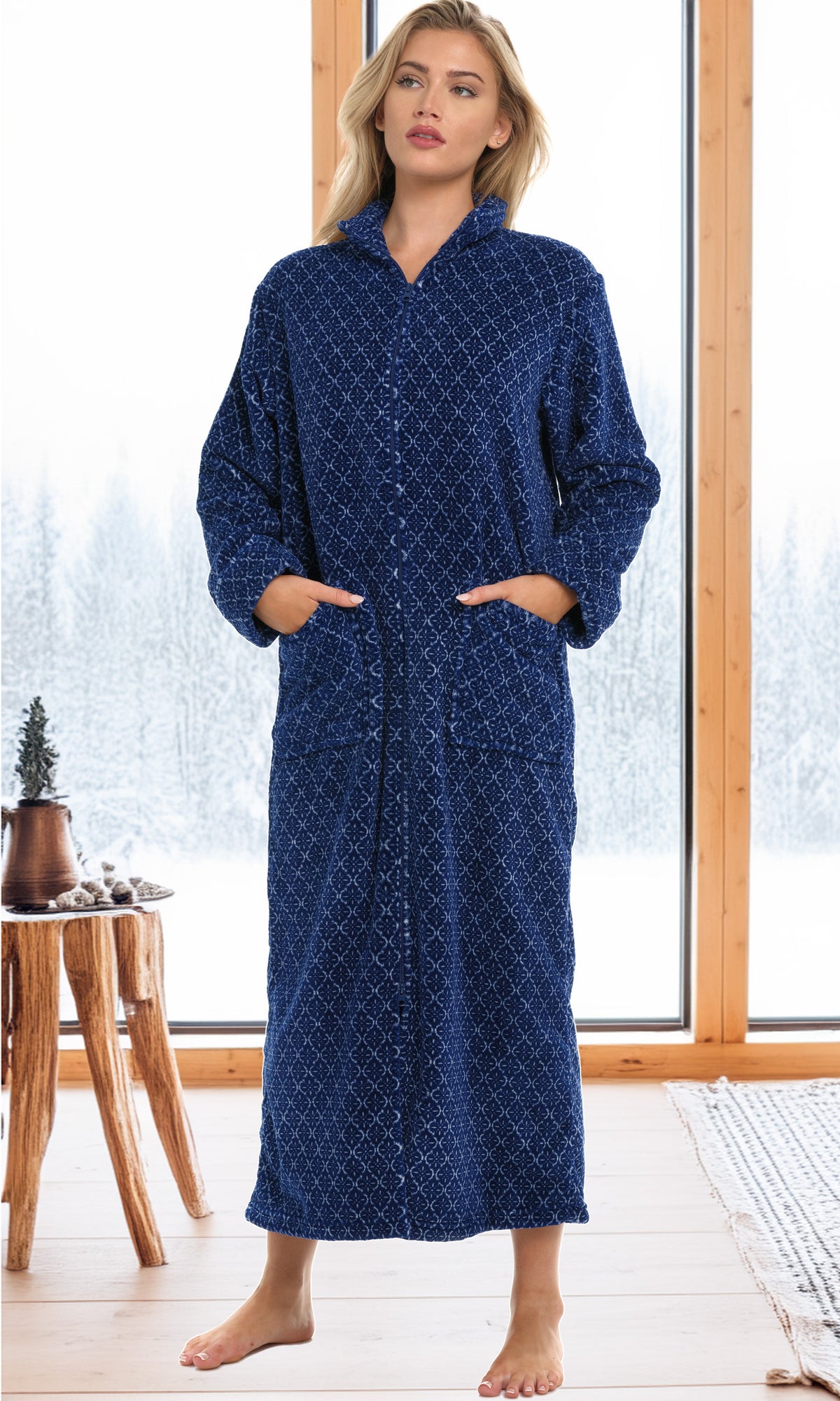 Women's Moroccan Trellis Zip Up Plush Robe, Oversized Bathrobe with Two Way Zipper
