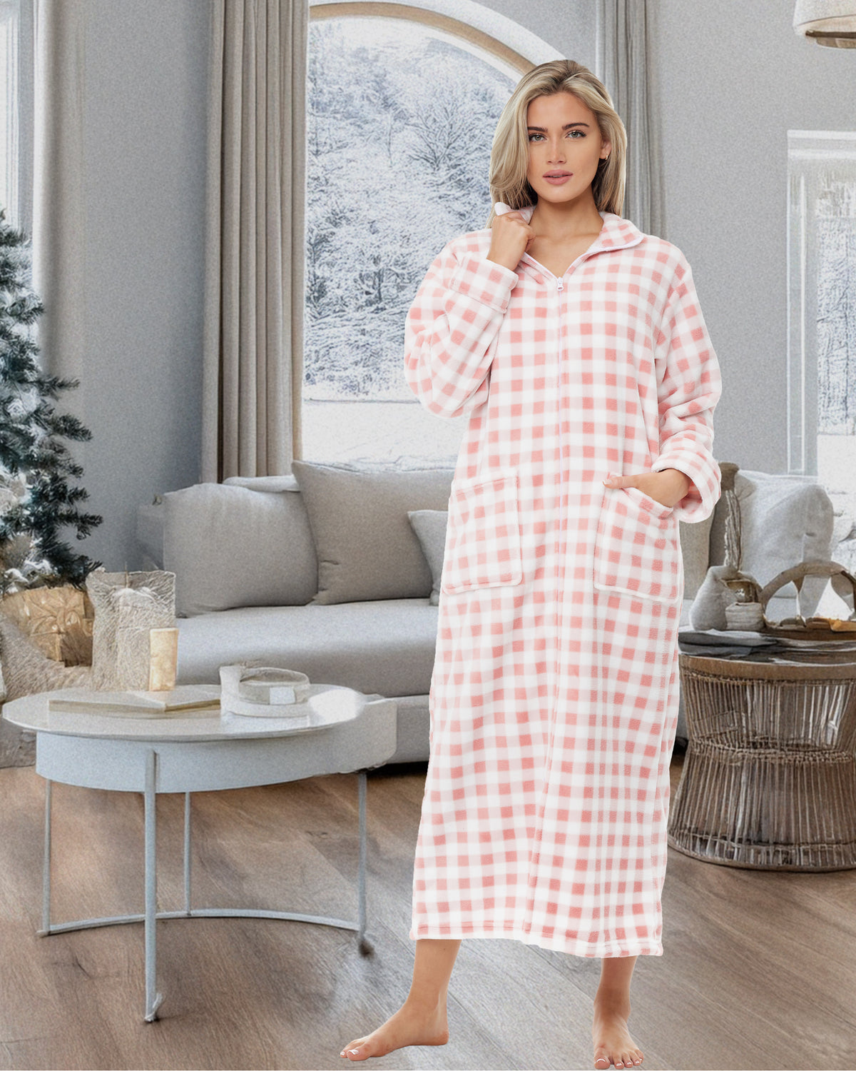 Women's Blush Gingham Check Zip Up Plush Robe, Oversized Bathrobe with Two Way Zipper