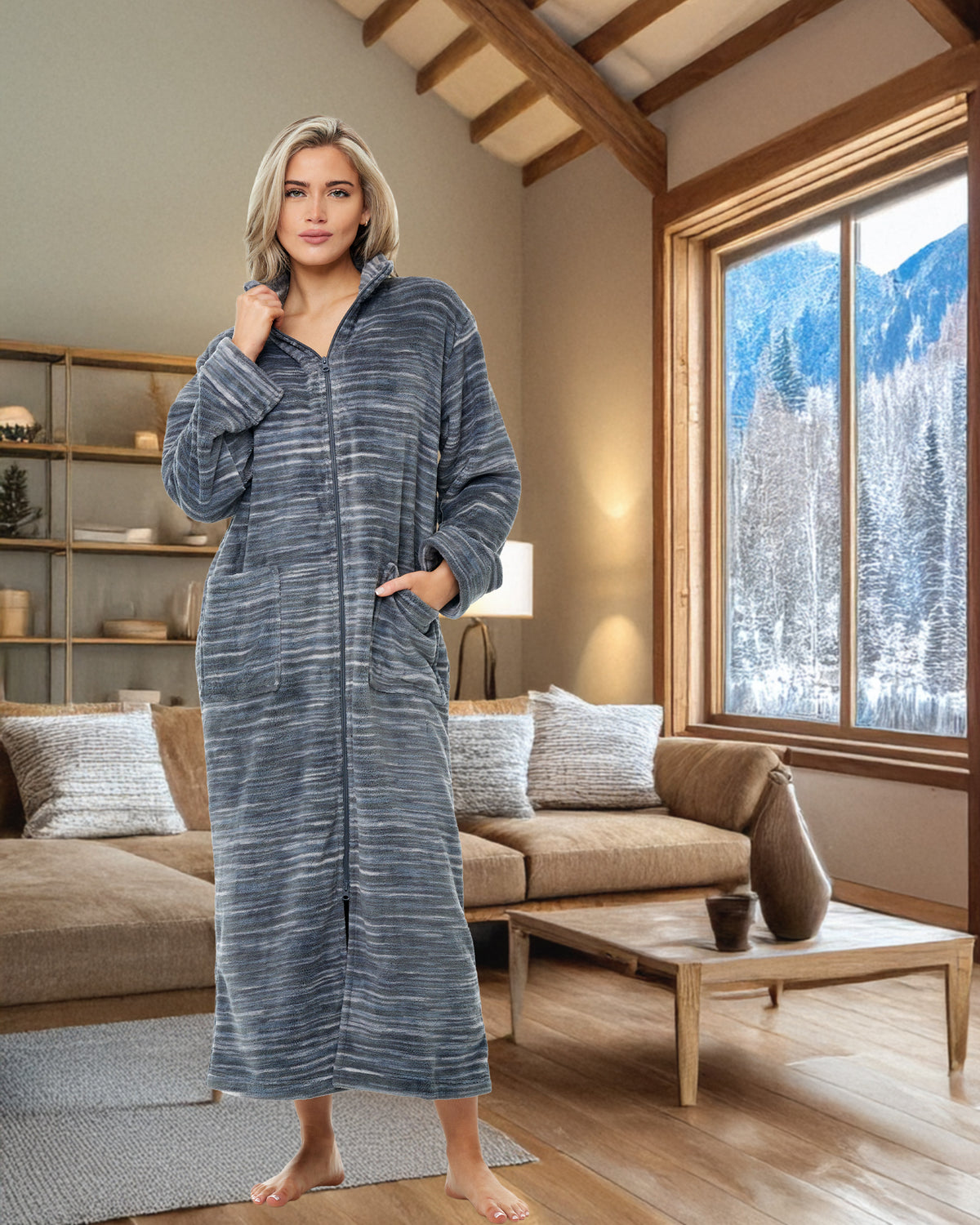 Women's Dark Heathered Gray Zip Up Plush Robe, Oversized Bathrobe with Two Way Zipper