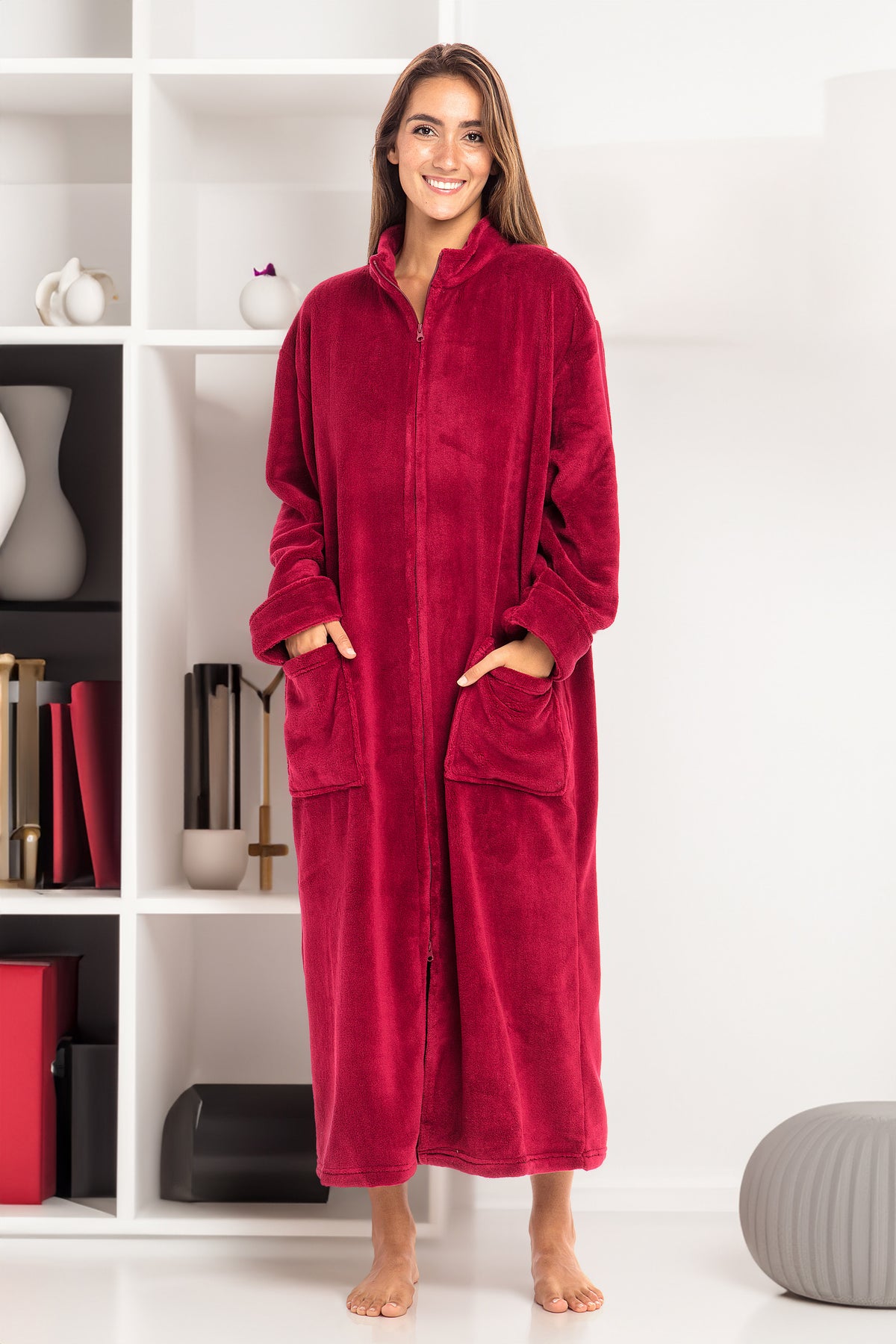 Women's Burgundy Zip Up Plush Robe, Oversized Bathrobe with Two Way Zipper