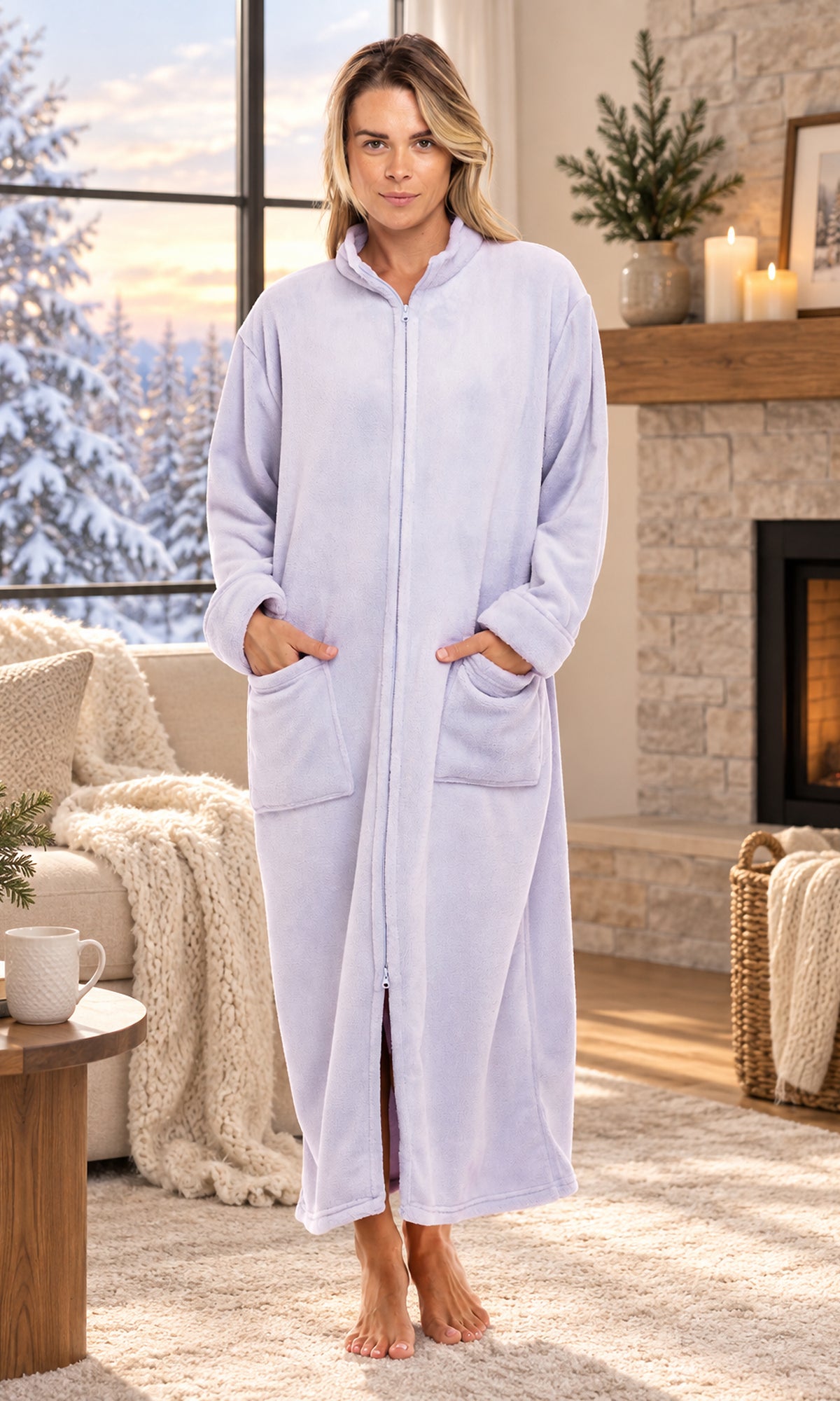 Women's Muted Mauve Zip Up Plush Robe, Oversized Bathrobe with Two Way Zipper