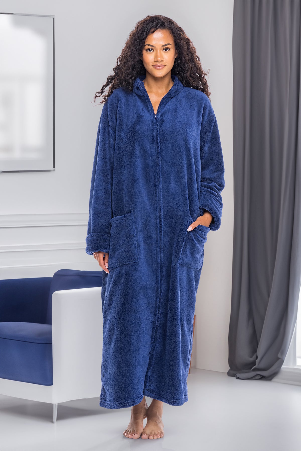 Women's Navy Blue Zip Up Plush Robe, Oversized Bathrobe with Two Way Zipper