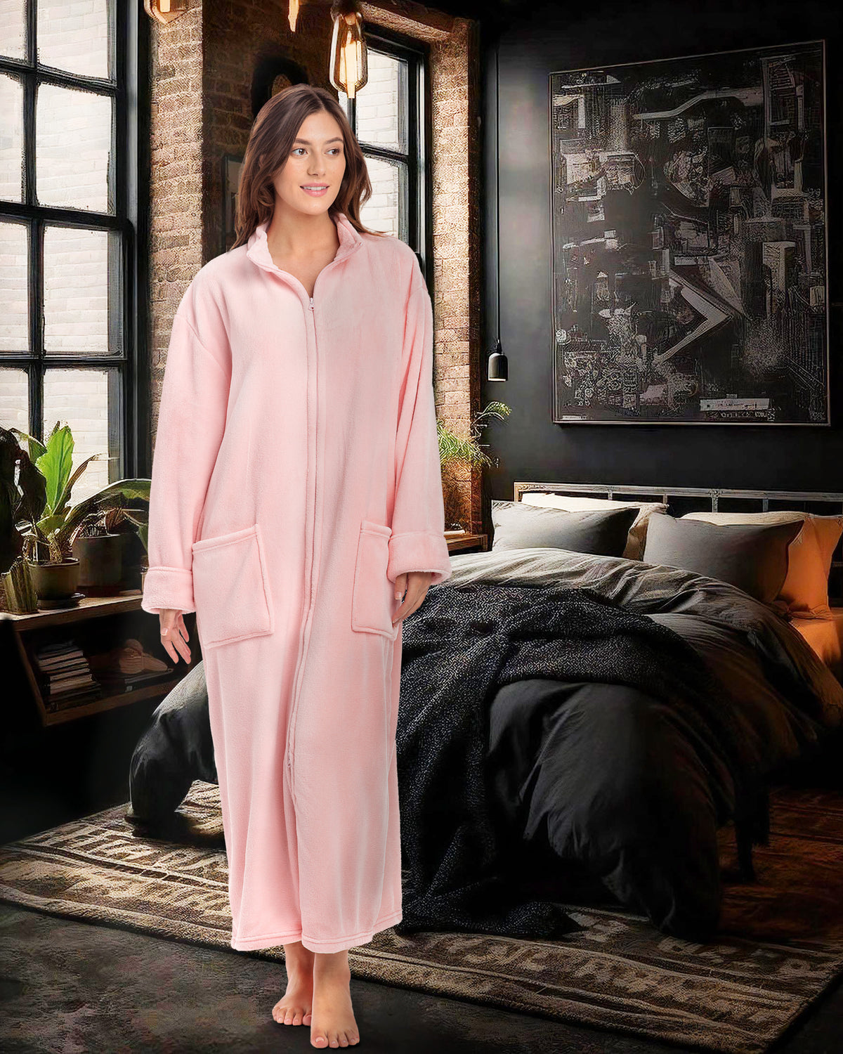 Women's Pink Rose Quartz with Sherpa Zip Up Plush Robe, Oversized Bathrobe with Two Way Zipper