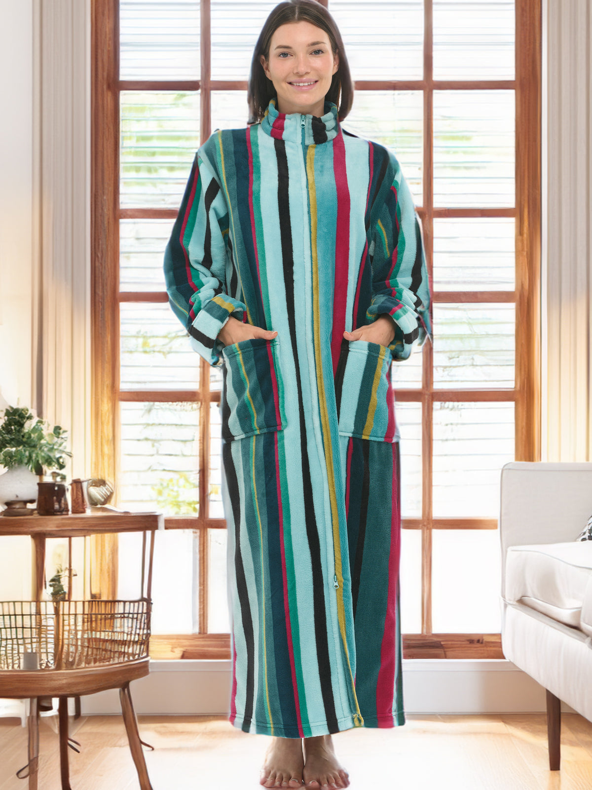 Women's Aqua and Magenta Striped Zip Up Plush Robe, Oversized Bathrobe with Two Way Zipper