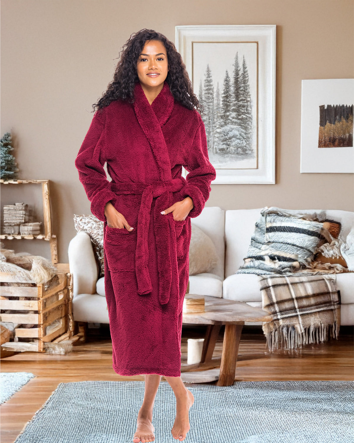 Women's Burgundy Plush Fleece Robe, Shaggy Feather Bathrobe