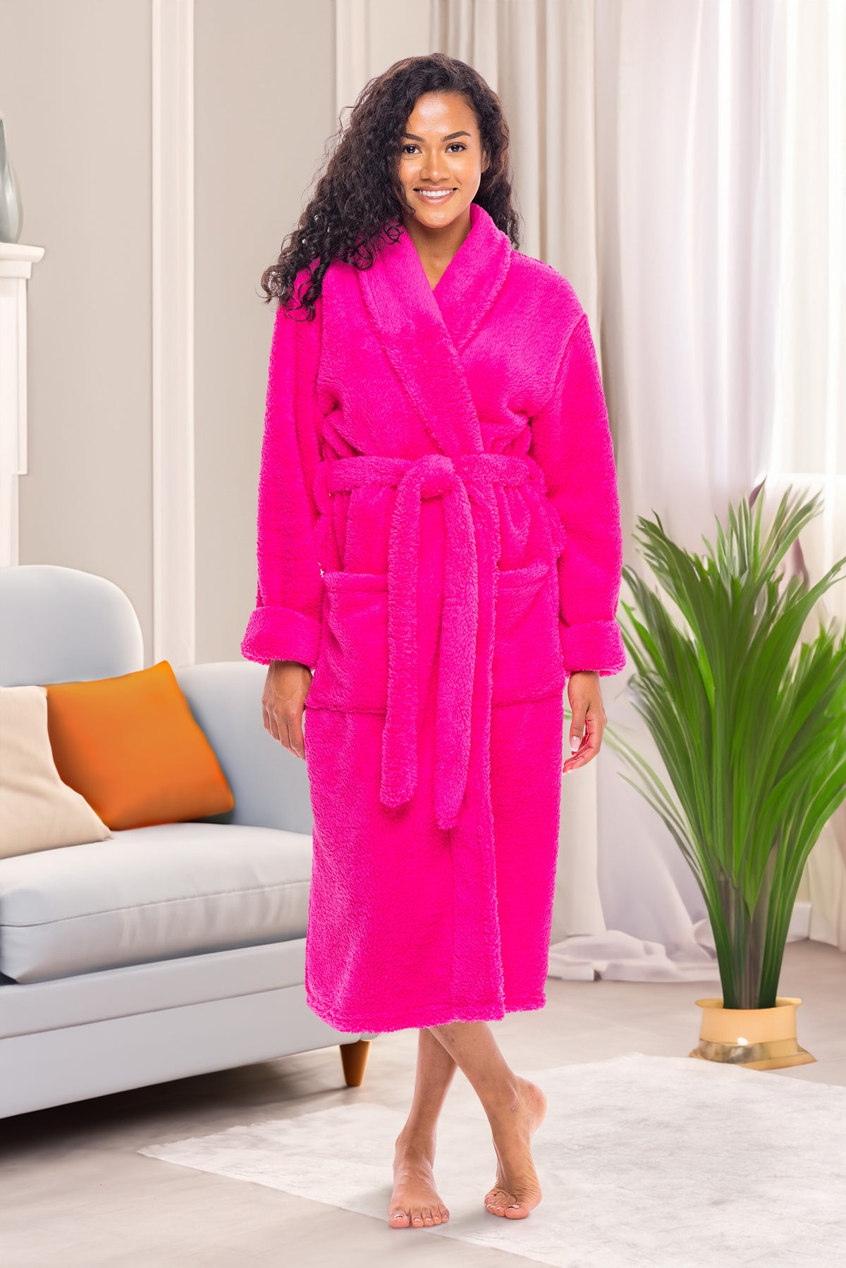 Women's Magenta Pink Plush Fleece Robe, Shaggy Feather Bathrobe