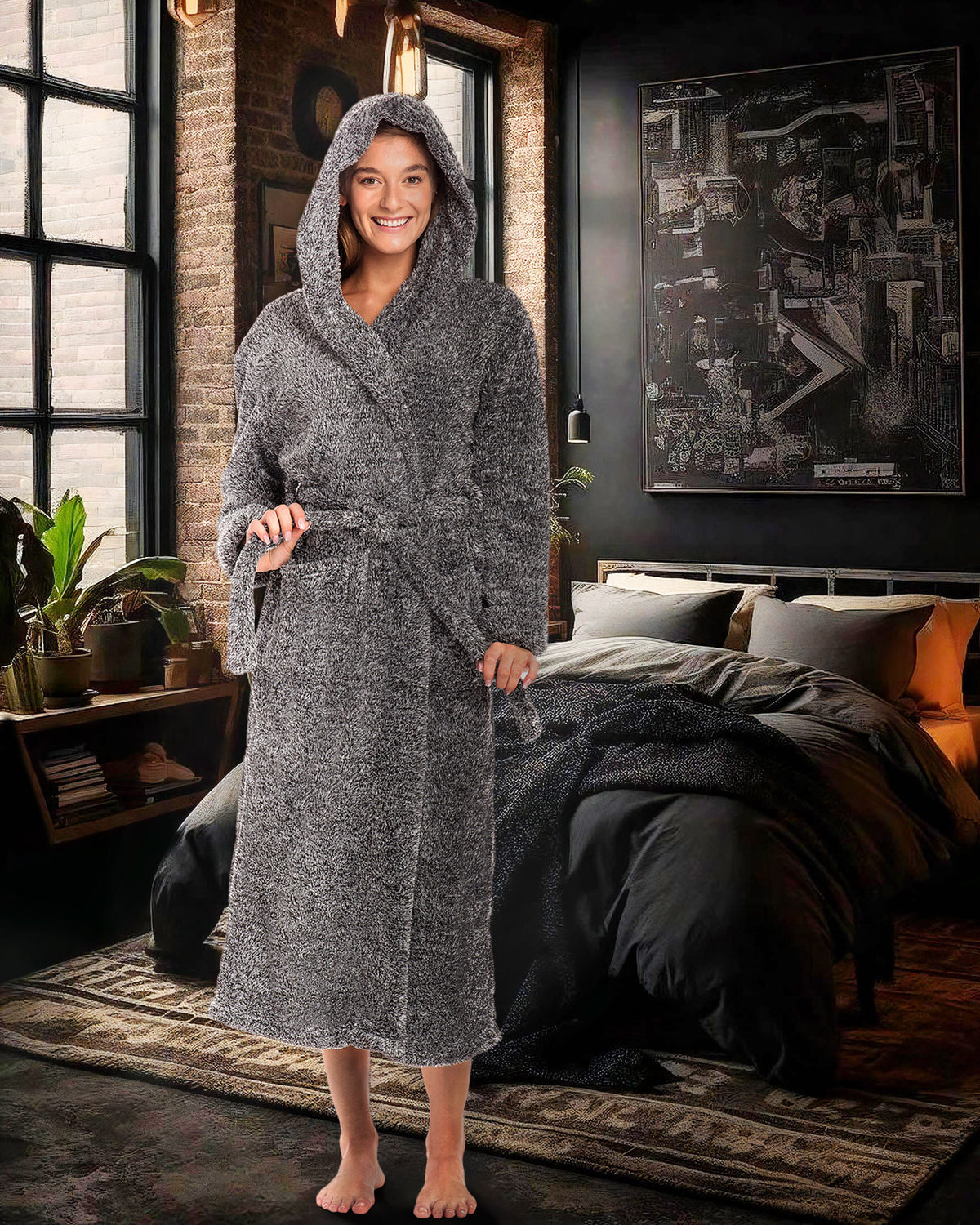 Women's Dark Heathered Gray Plush Fleece Hooded Robe, Shaggy Feather Long Bathrobe