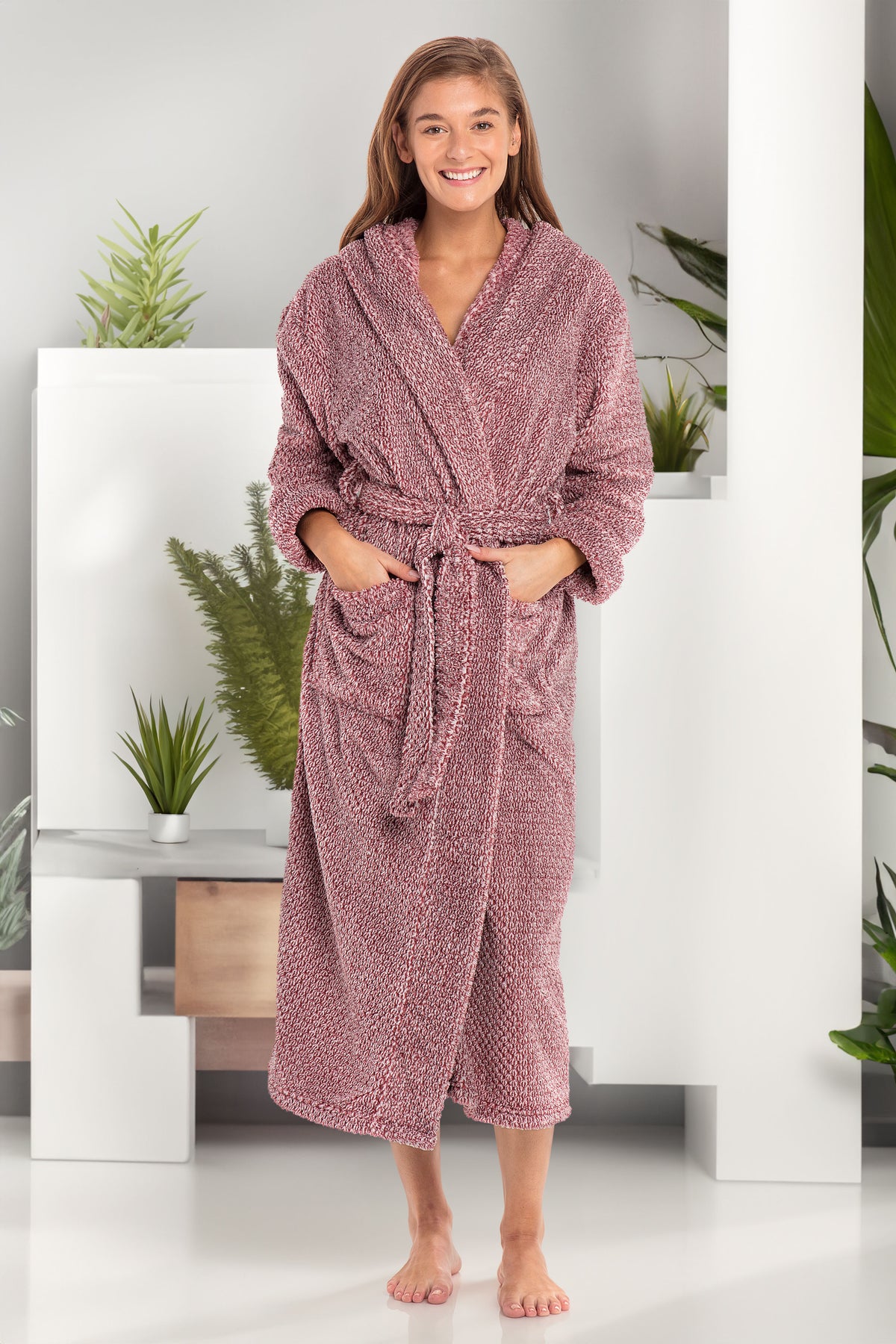 Women's Jacquard Burgundy Plush Fleece Hooded Robe, Shaggy Feather Long Bathrobe
