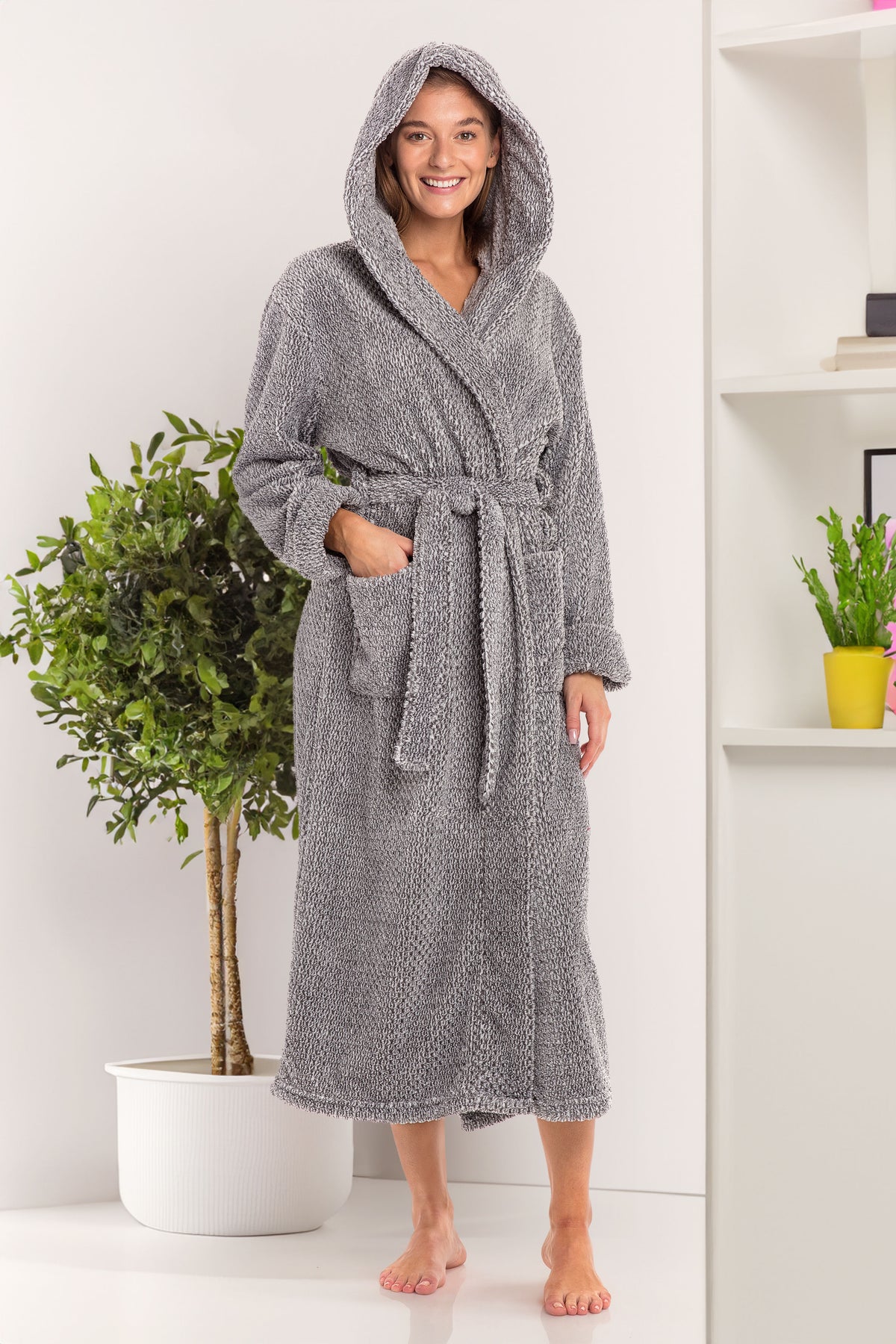 Women's Jacquard Gray Plush Fleece Hooded Robe, Shaggy Feather Long Bathrobe