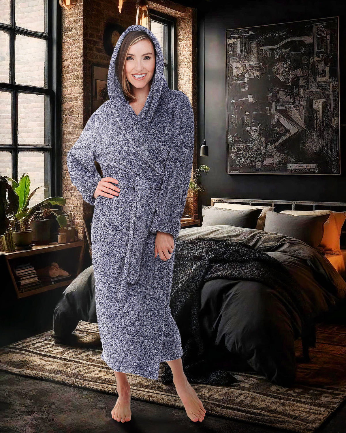 Women's Heathered Light Blue Plush Fleece Hooded Robe, Shaggy Feather Long Bathrobe