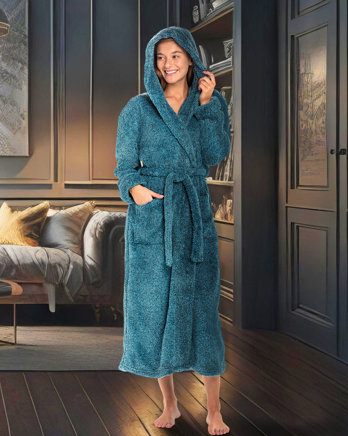 Women's Heathered Teal Plush Fleece Hooded Robe, Shaggy Feather Long Bathrobe
