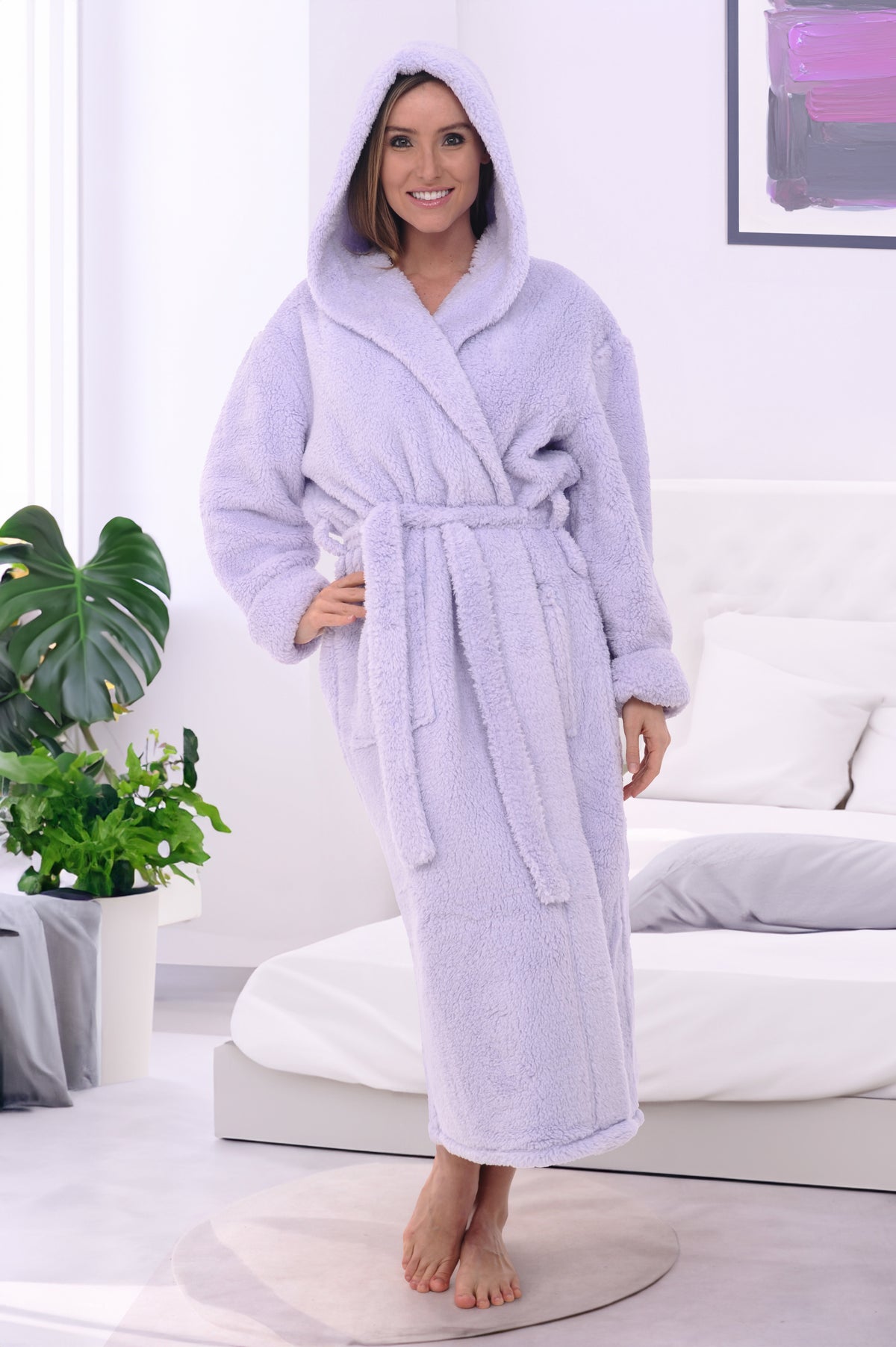 Women's Lavender Plush Fleece Hooded Robe, Shaggy Feather Long Bathrobe