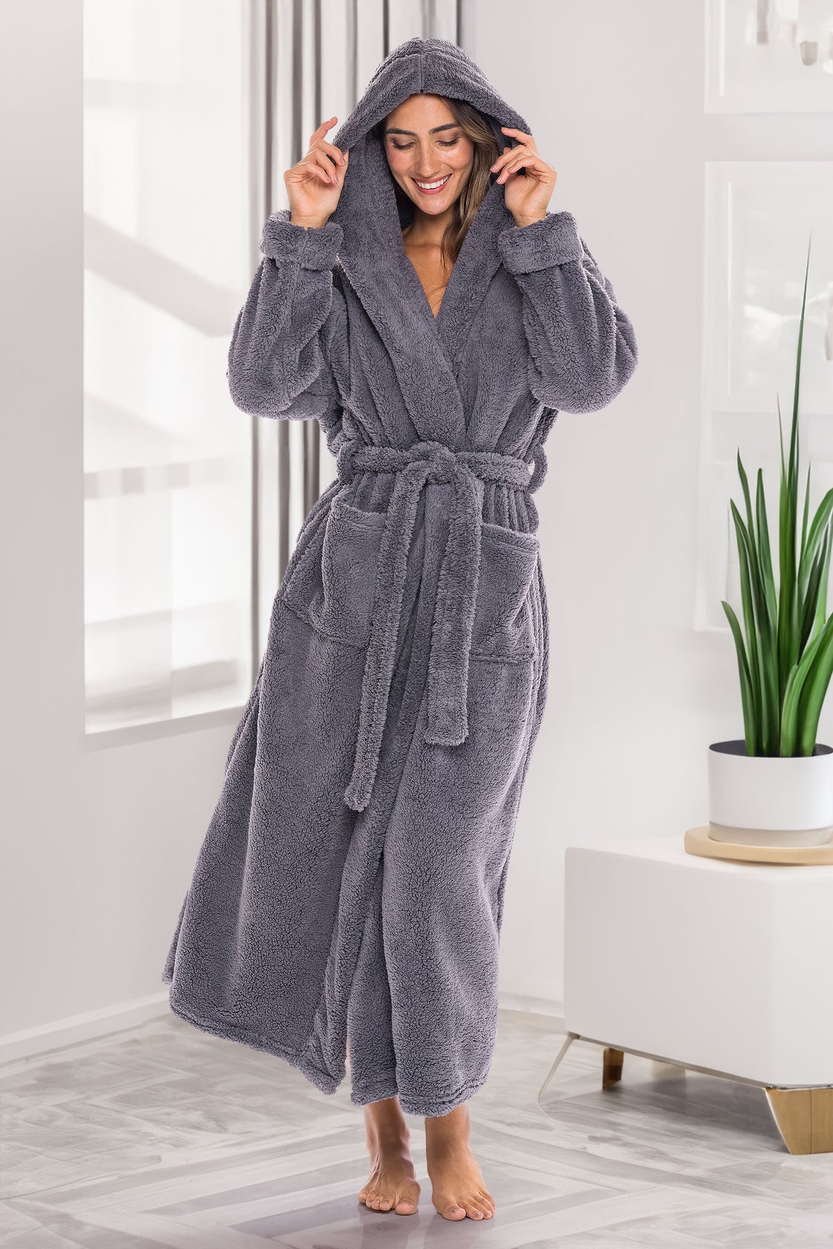 Women's Steel Gray Plush Fleece Hooded Robe, Shaggy Feather Long Bathrobe
