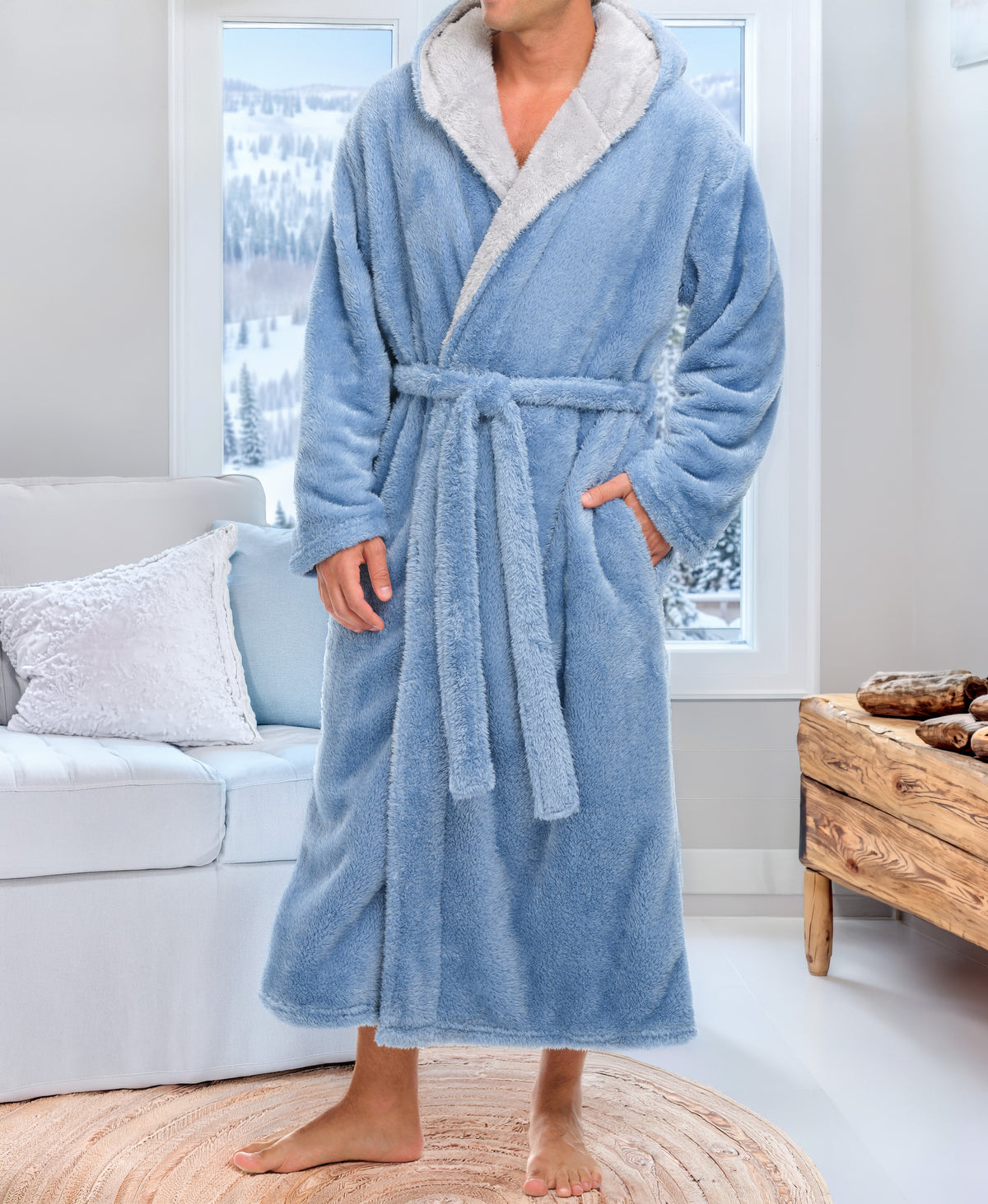 Mens Blue Robe, Sherpa Fleece Hooded Bathrobe, Big and Tall Bath Robe for Men