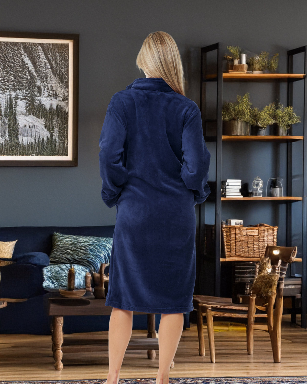 Women's Navy Blue Zip Up Plush Robe, Oversized Knee Length Bathrobe with Two Way Zipper