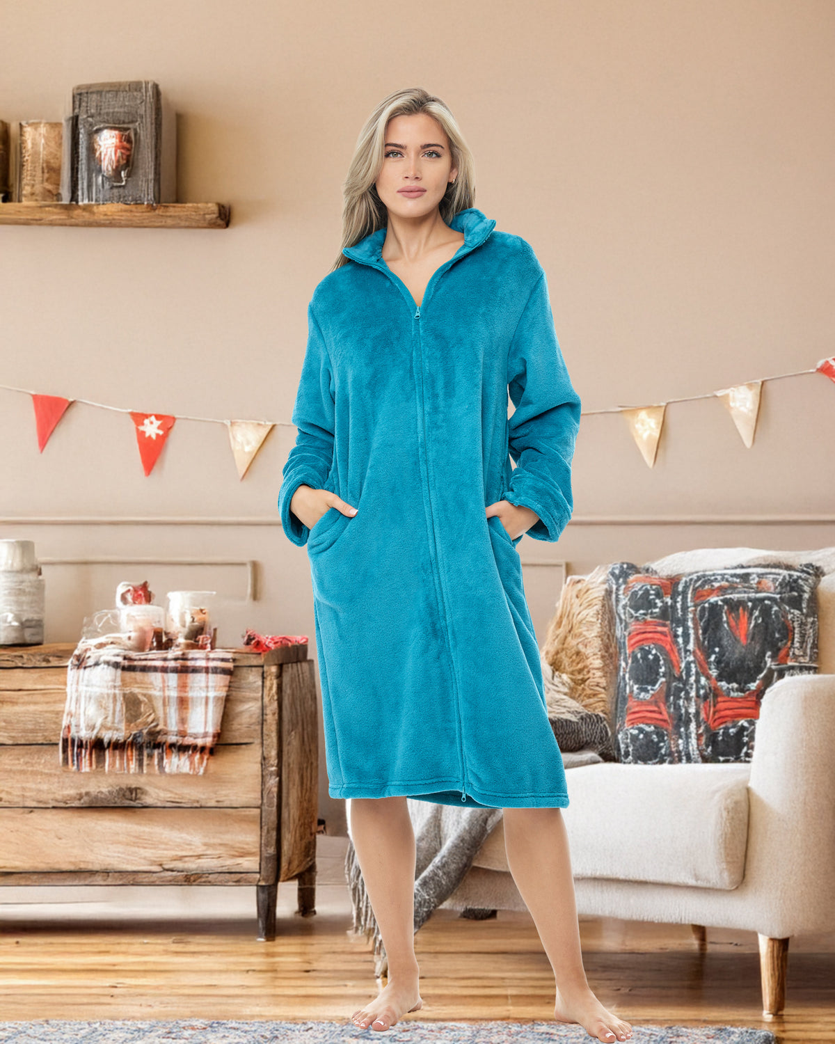Women's Turquoise Zip Up Plush Robe, Oversized Knee Length Bathrobe with Two Way Zipper