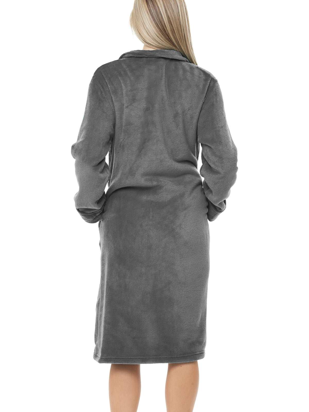 Women's Steel Gray Zip Up Plush Robe, Oversized Knee Length Bathrobe with Two Way Zipper