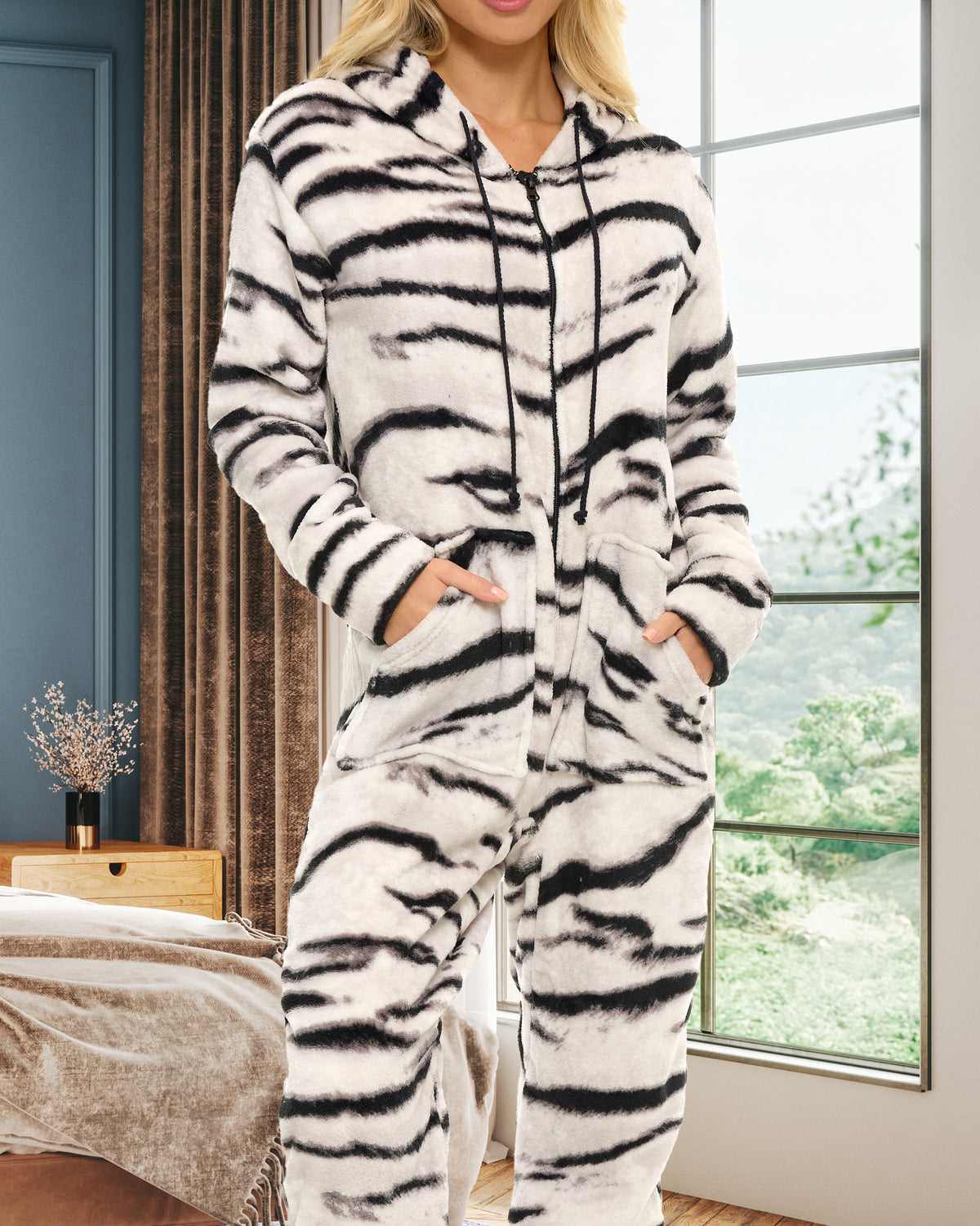 Women's White Tiger Hooded Footed Pajamas, Plush Adult Onesie, Winter PJs with Hood