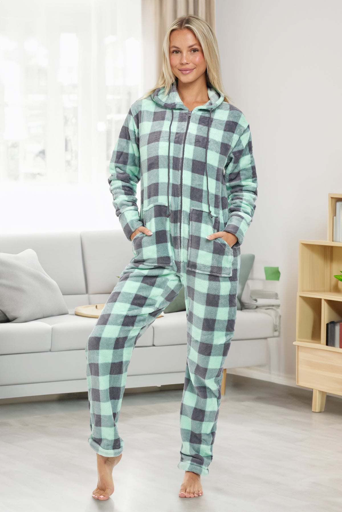 Women's Buffalo Check Sage Plaid Hooded Footed Pajamas, Plush Adult Onesie, Winter PJs with Hood