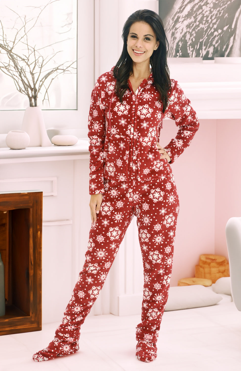 Women's Red Snowflake Hooded Footed Pajamas, Plush Adult Onesie, Winter PJs with Hood