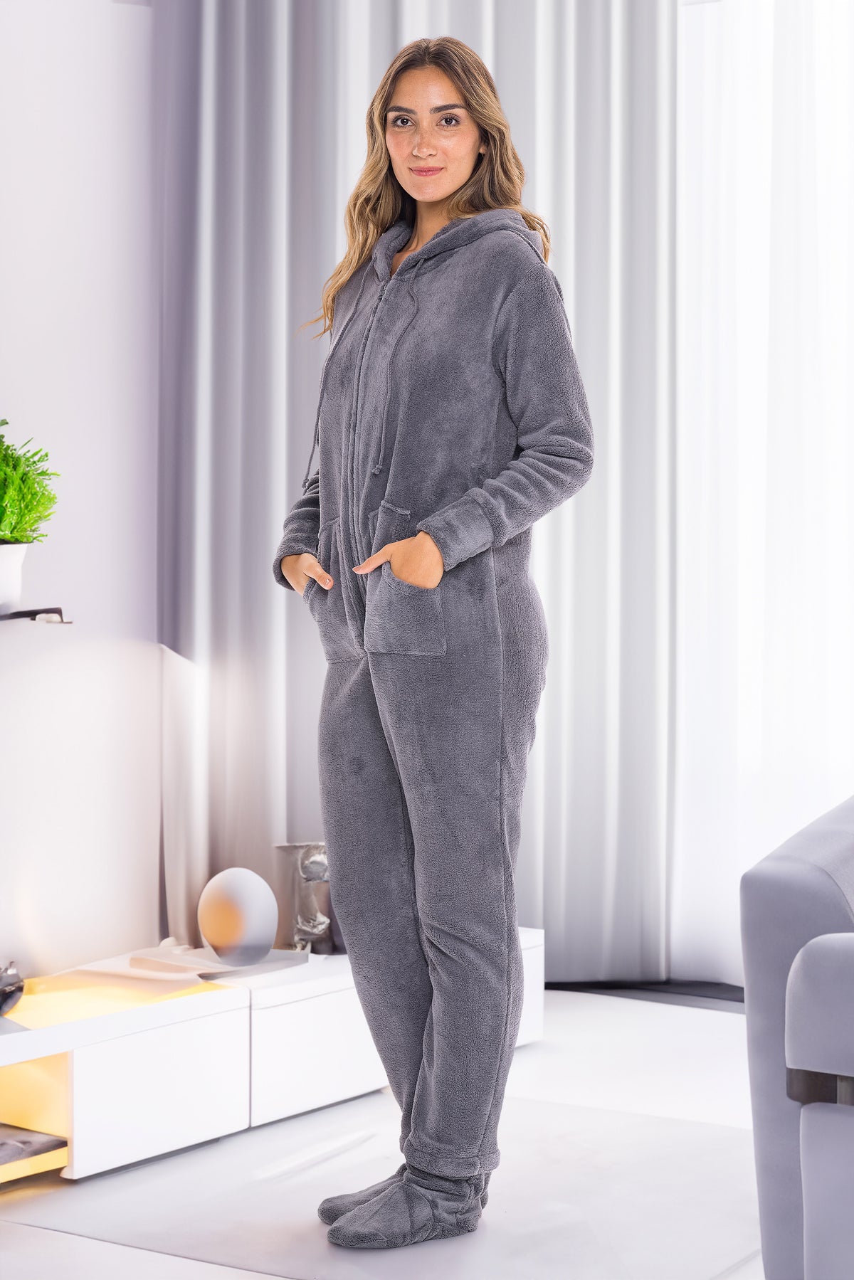 Women's Steel Gray Hooded Footed Pajamas, Plush Adult Onesie, Winter PJs with Hood