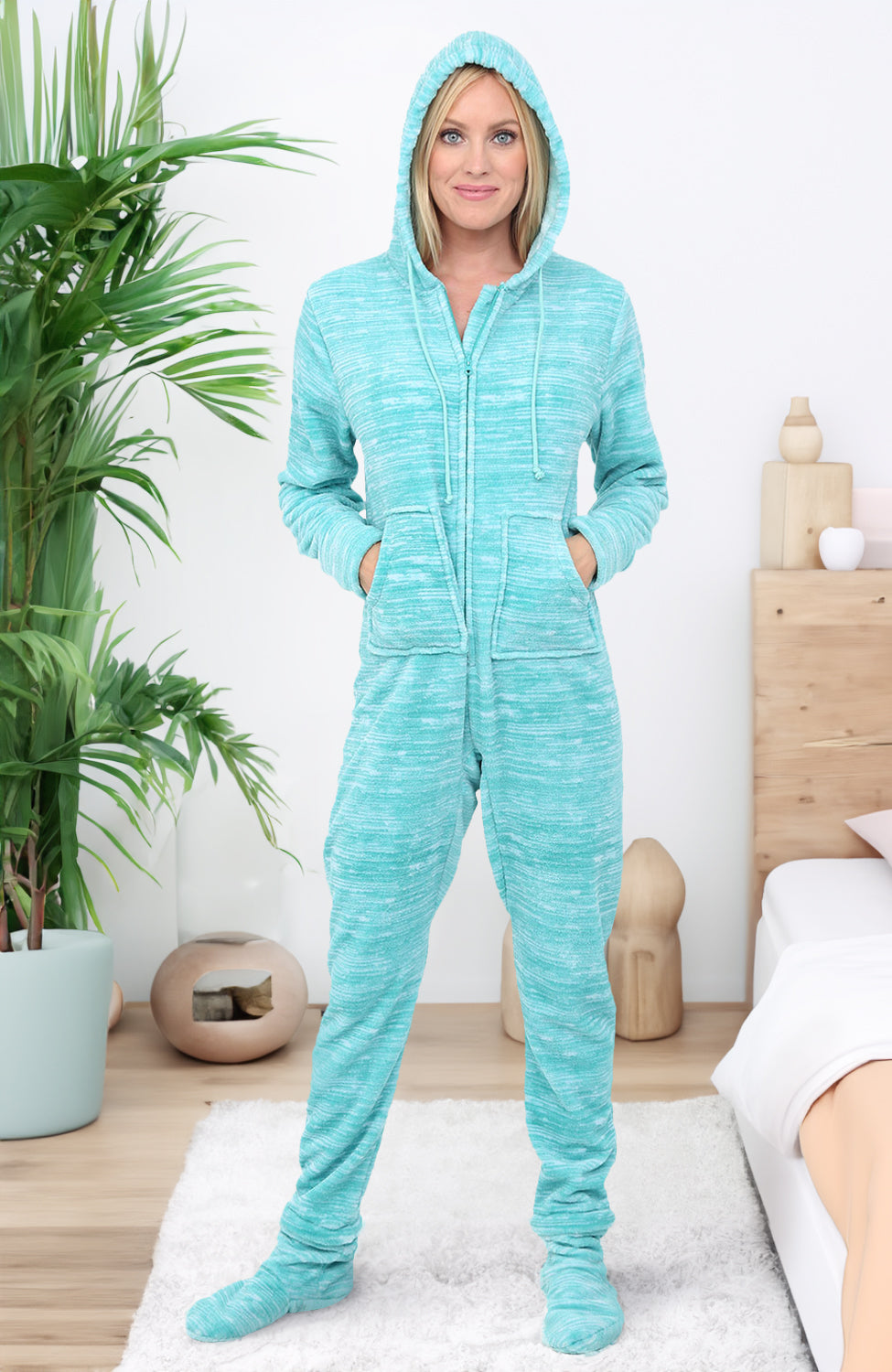 Women's Textured Aqua Hooded Footed Pajamas, Plush Adult Onesie, Winter PJs with Hood