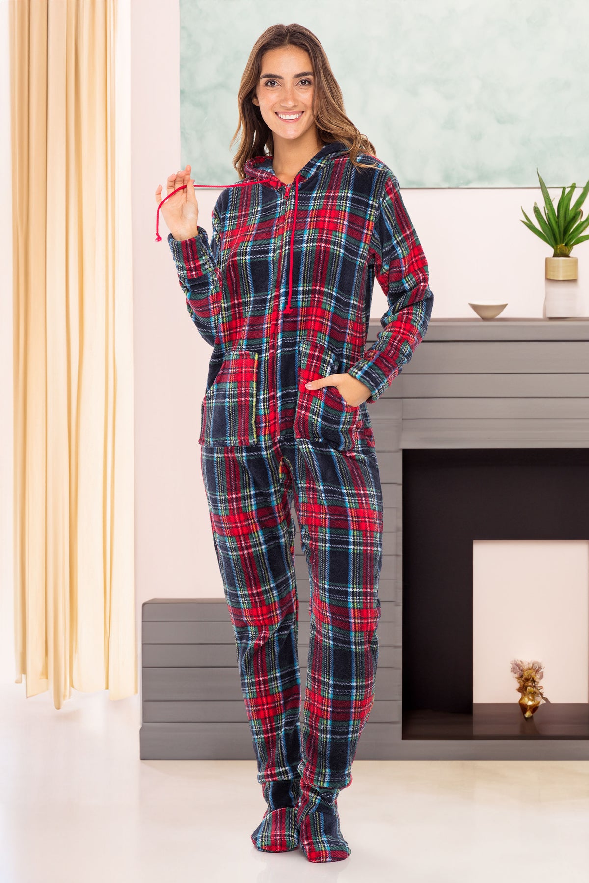 Women's Classic Tartan Plaid Blue Hooded Footed Pajamas, Plush Adult Onesie, Winter PJs with Hood