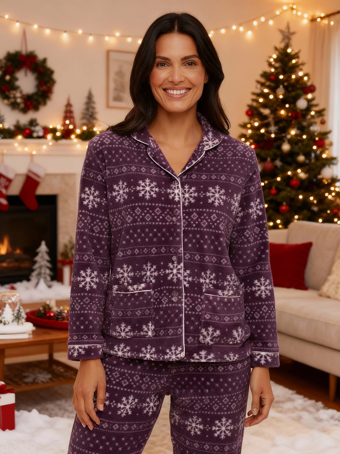 Women's Snowflake Fair Isle Purple Soft Warm Fleece Pajamas Plush Lounge Set, Long Sleeve Top and Pants, PJ
