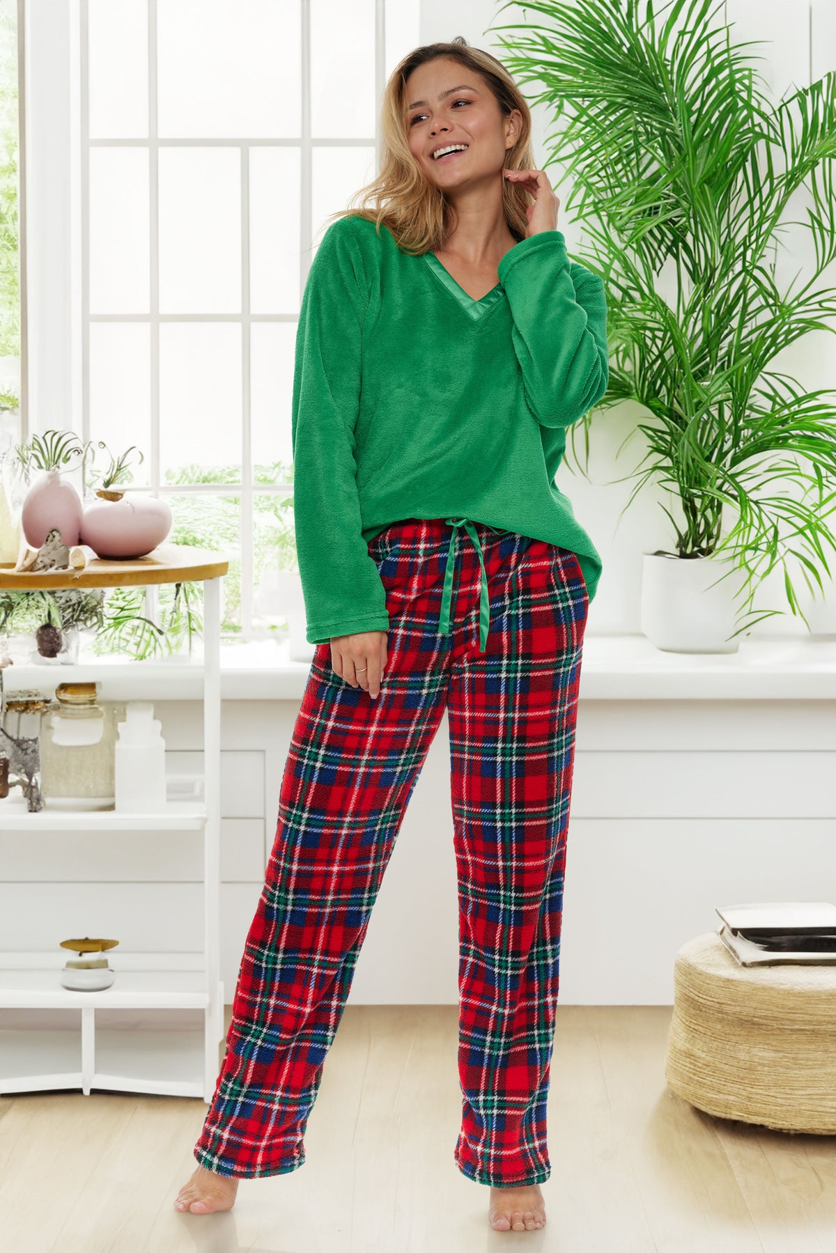 Women's Stewart Tartan Plaid Soft Warm Fleece Pajamas Plush Lounge Set, Long V Neck Top and Pants, PJ