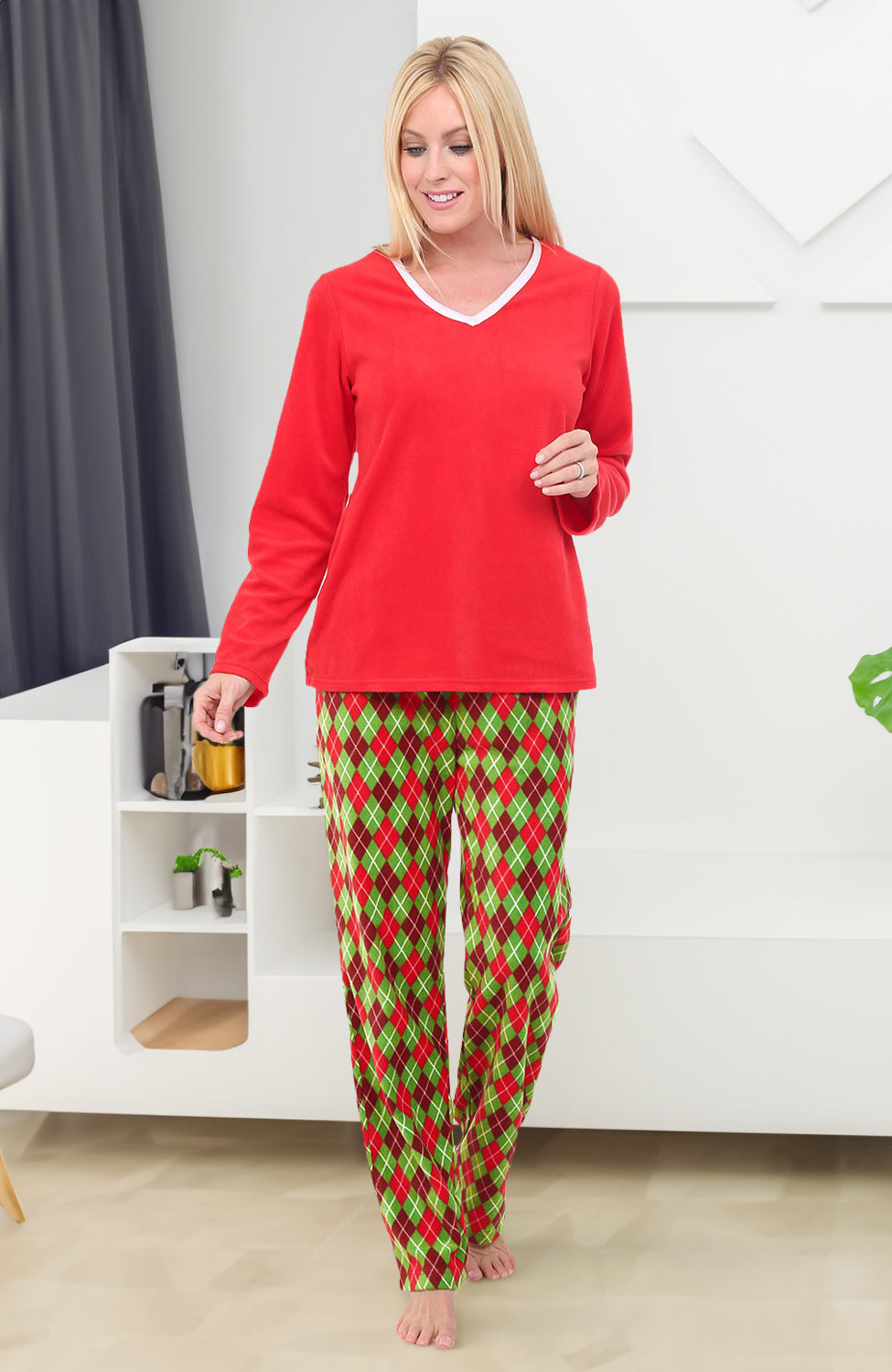 Women's Christmas Argyle Soft Warm Fleece Pajamas Plush Lounge Set, Long V Neck Top and Pants, PJ