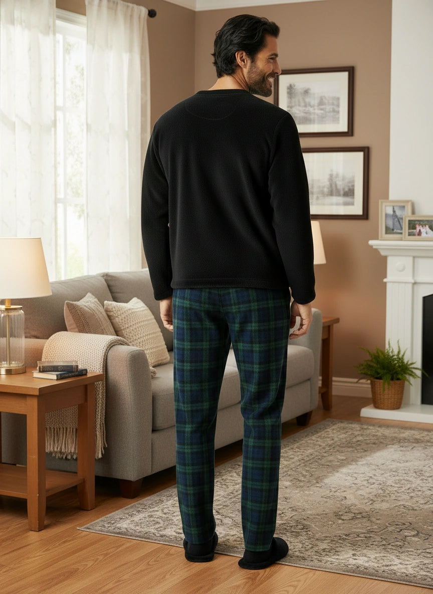 Men's Black Watch Tartan Plaid Soft Plush Fleece Pajama Pants, Warm Long Lounge Bottoms