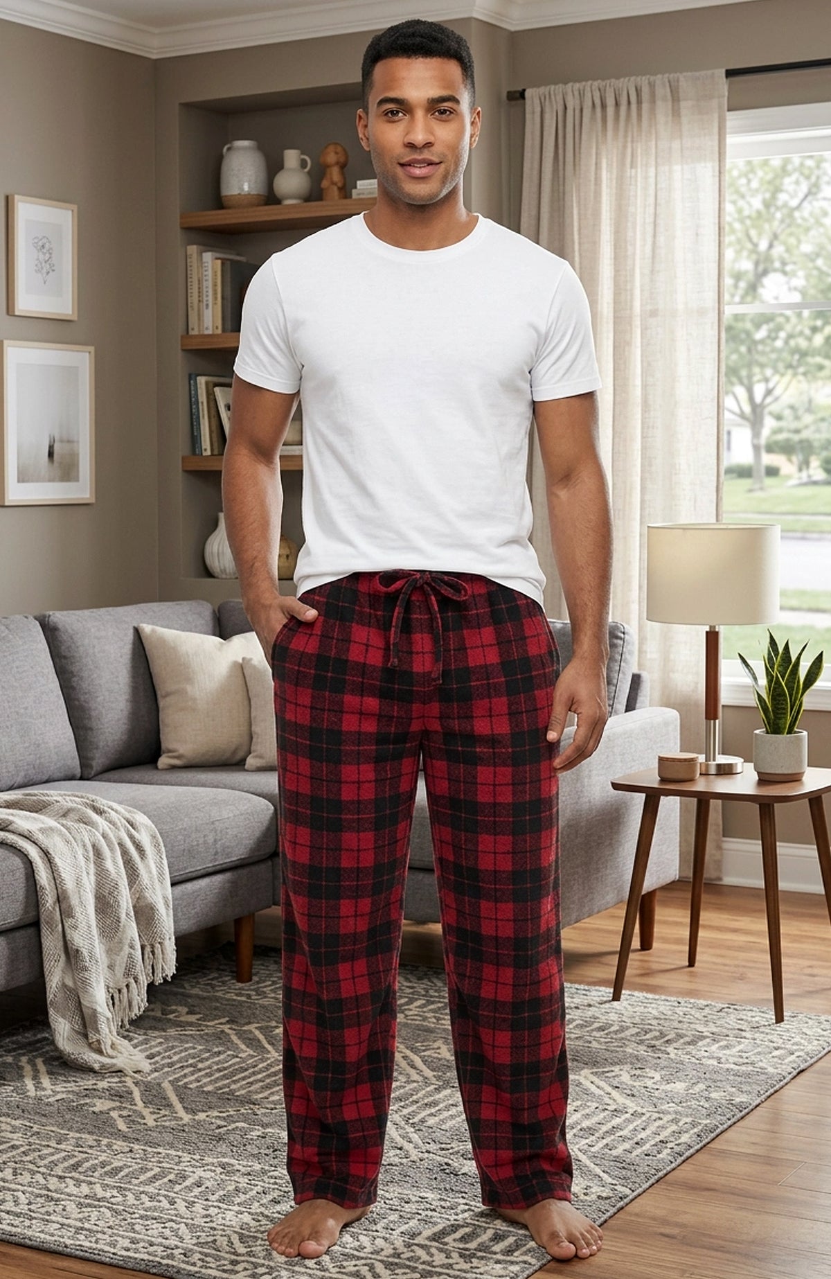 Men's Red Black Plaid Soft Plush Fleece Pajama Pants, Warm Long Lounge Bottoms