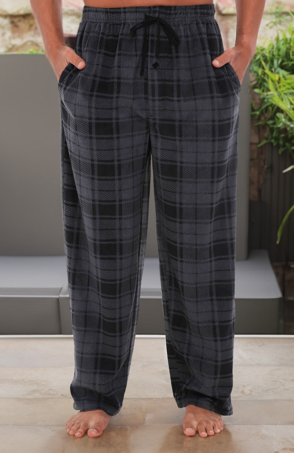 Men's Gray Plaid Soft Plush Fleece Pajama Pants, Warm Long Lounge Bottoms