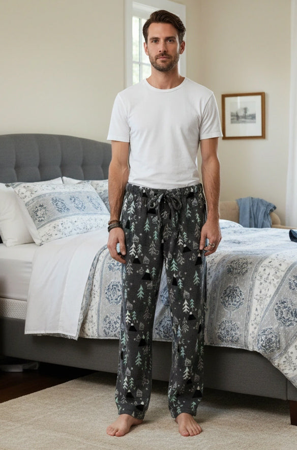 Men's Nighttime Christmas Forrest Soft Plush Fleece Pajama Pants, Warm Long Lounge Bottoms