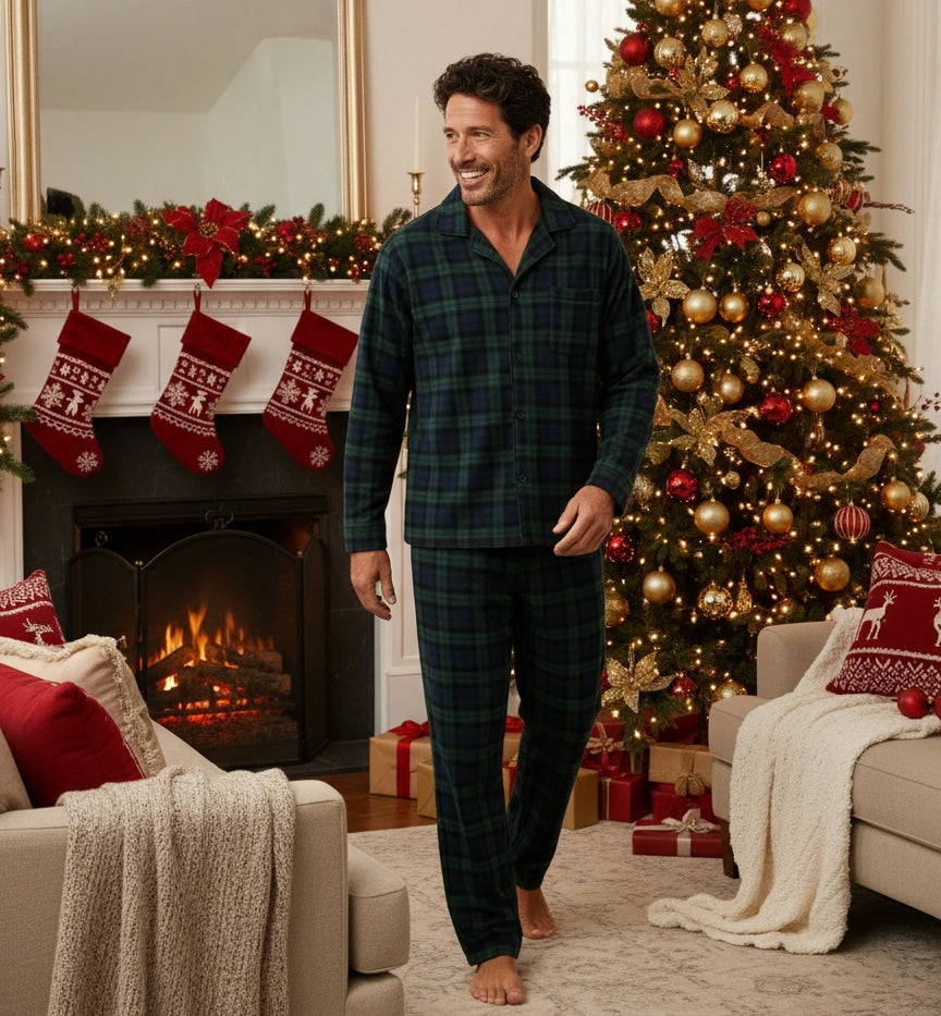 Men's Black Watch Tartan Plaid Plush Fleece Pajamas Set, Button Down PJs for Winter