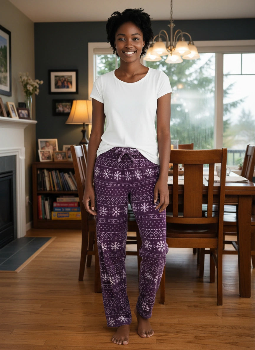 Women's Snowflake Fair Isle Purple Soft Warm Fleece Pajama Pants, Long Lounge Bottoms