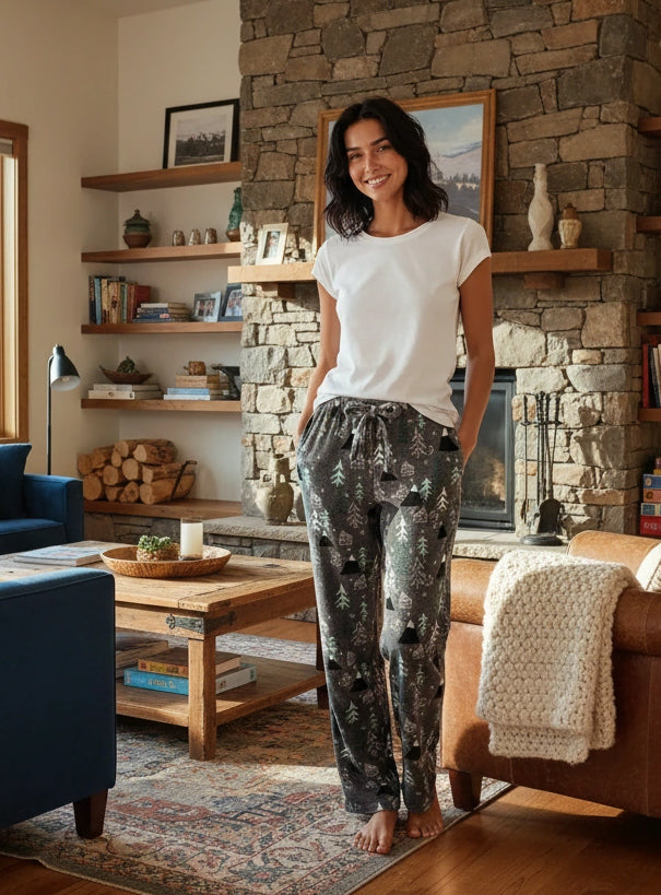 Women's Nighttime Christmas Forrest Soft Warm Fleece Pajama Pants, Long Lounge Bottoms