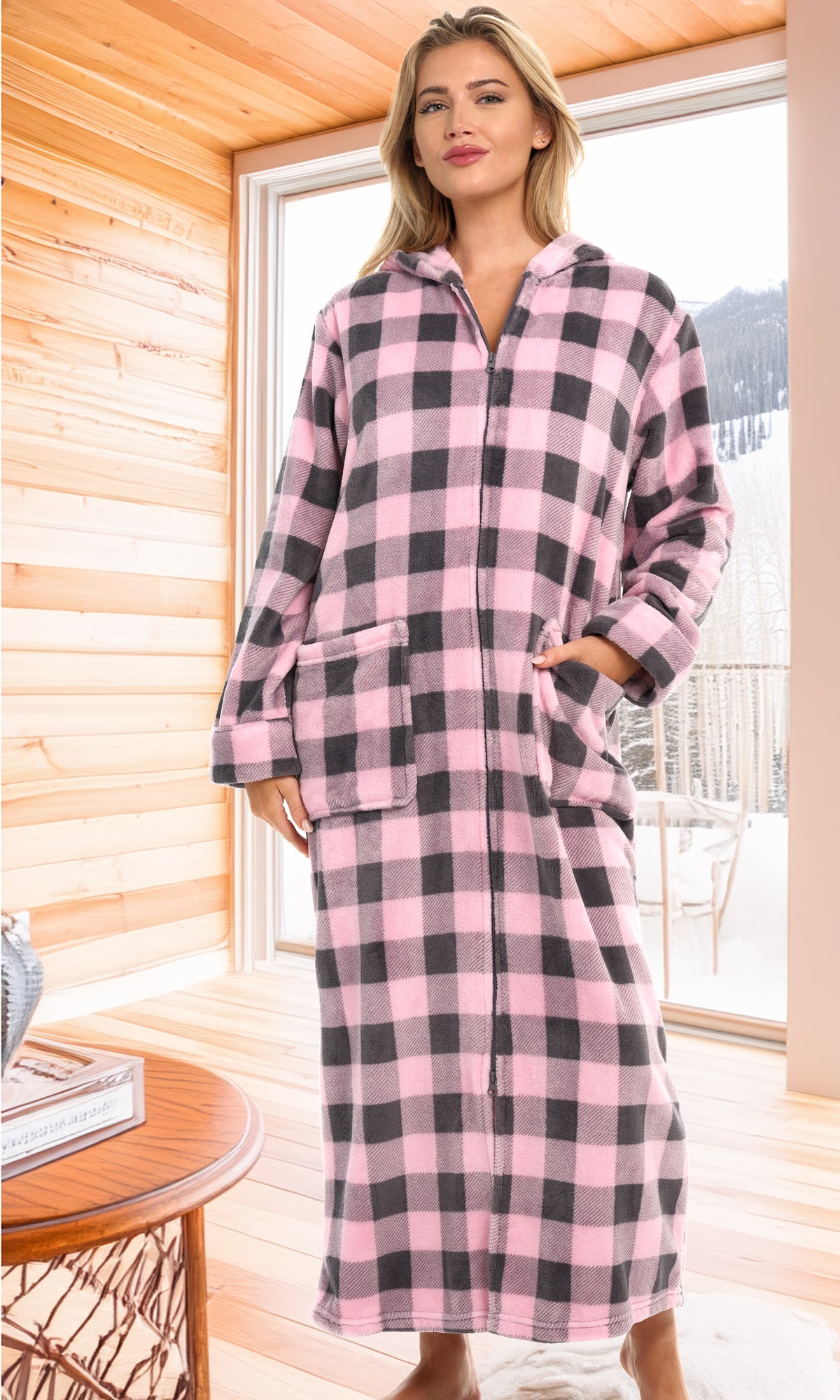 Women's Buffalo Check Pink Gray Plaid Zip Up Fleece Robe with Hood, Oversized Hooded Bathrobe with Two Way Zipper