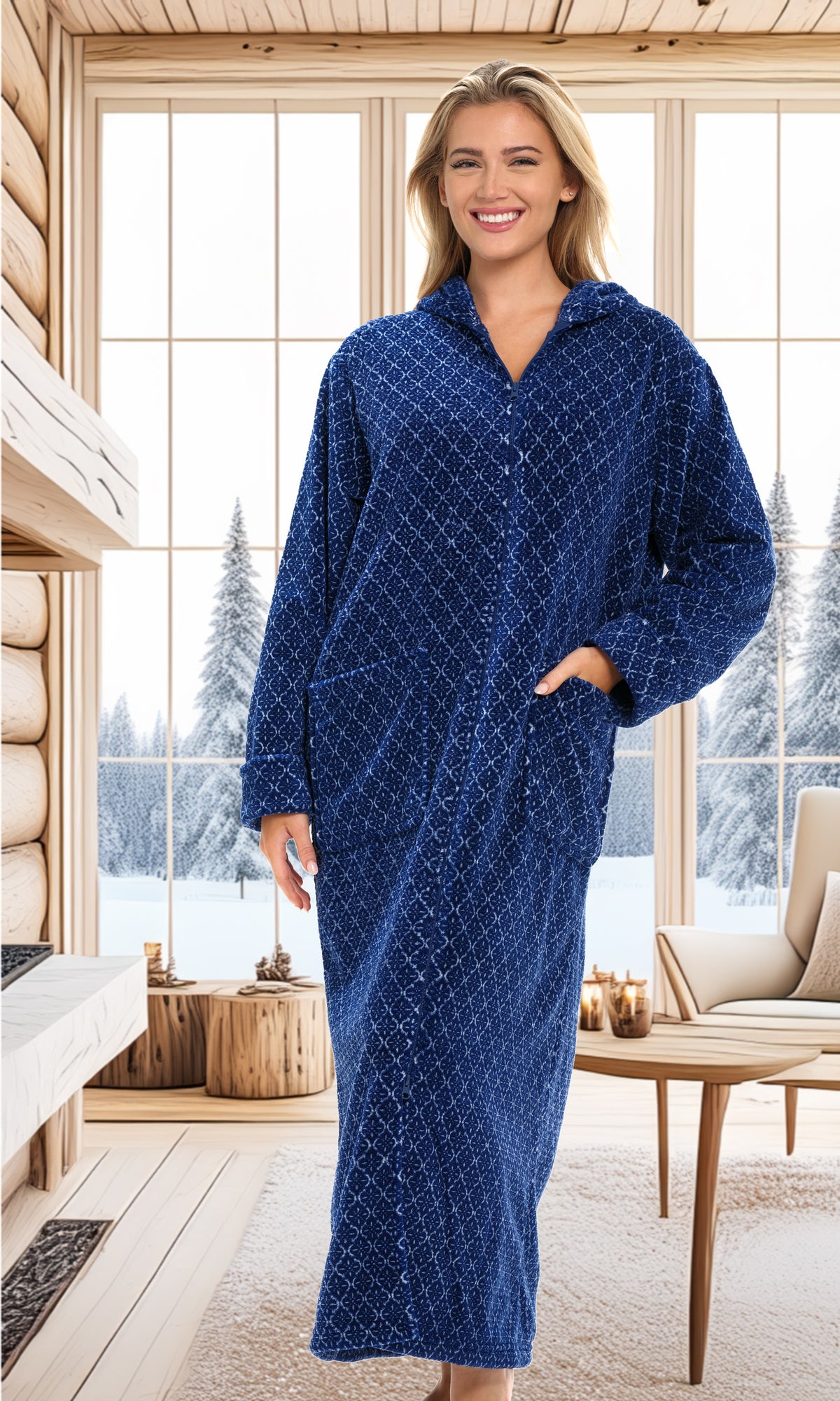 Women's Moroccan Trellis Zip Up Fleece Robe with Hood, Oversized Hooded Bathrobe with Two Way Zipper