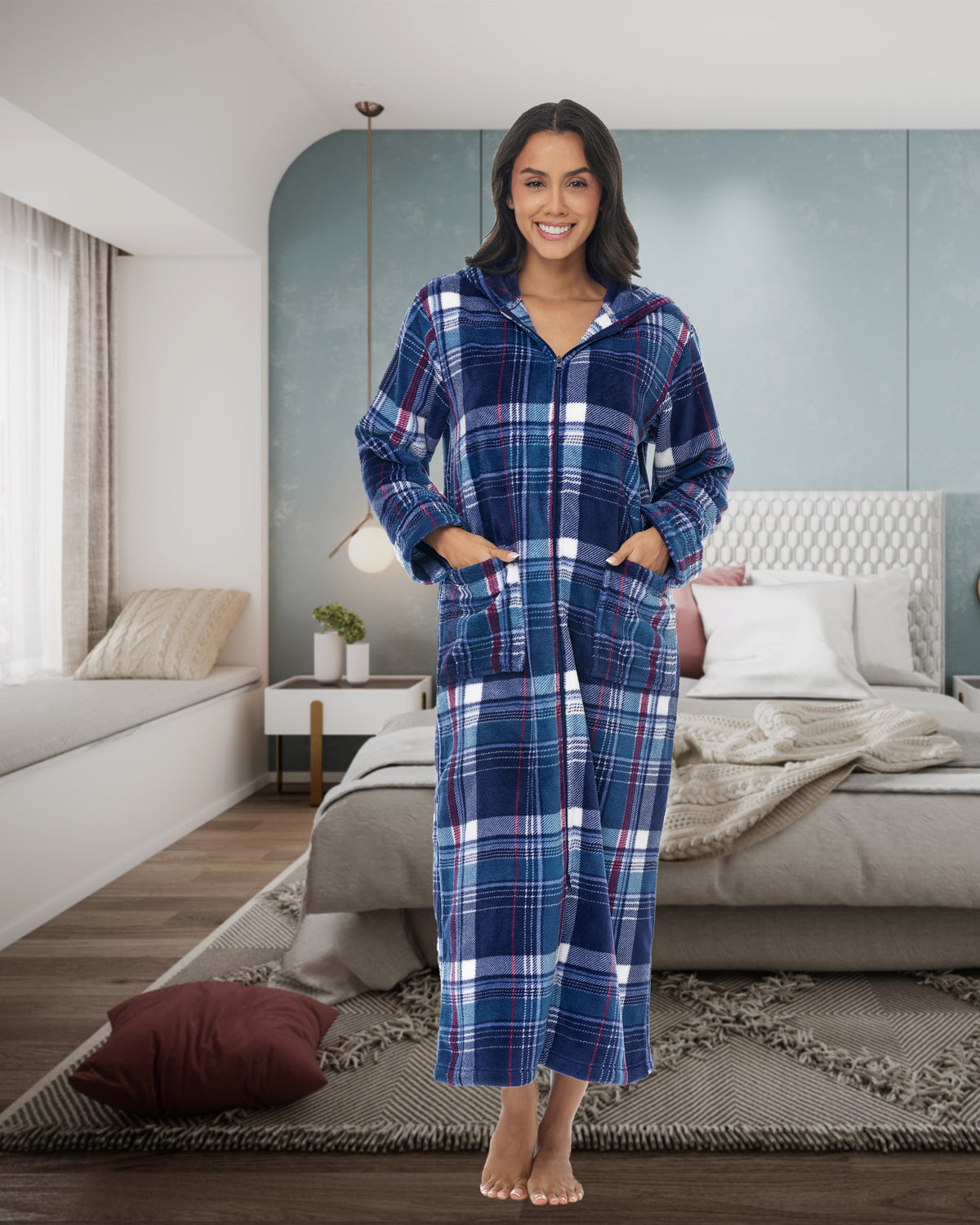 Women's Purple Tartan Plaid Zip Up Fleece Robe with Hood, Oversized Hooded Bathrobe with Two Way Zipper