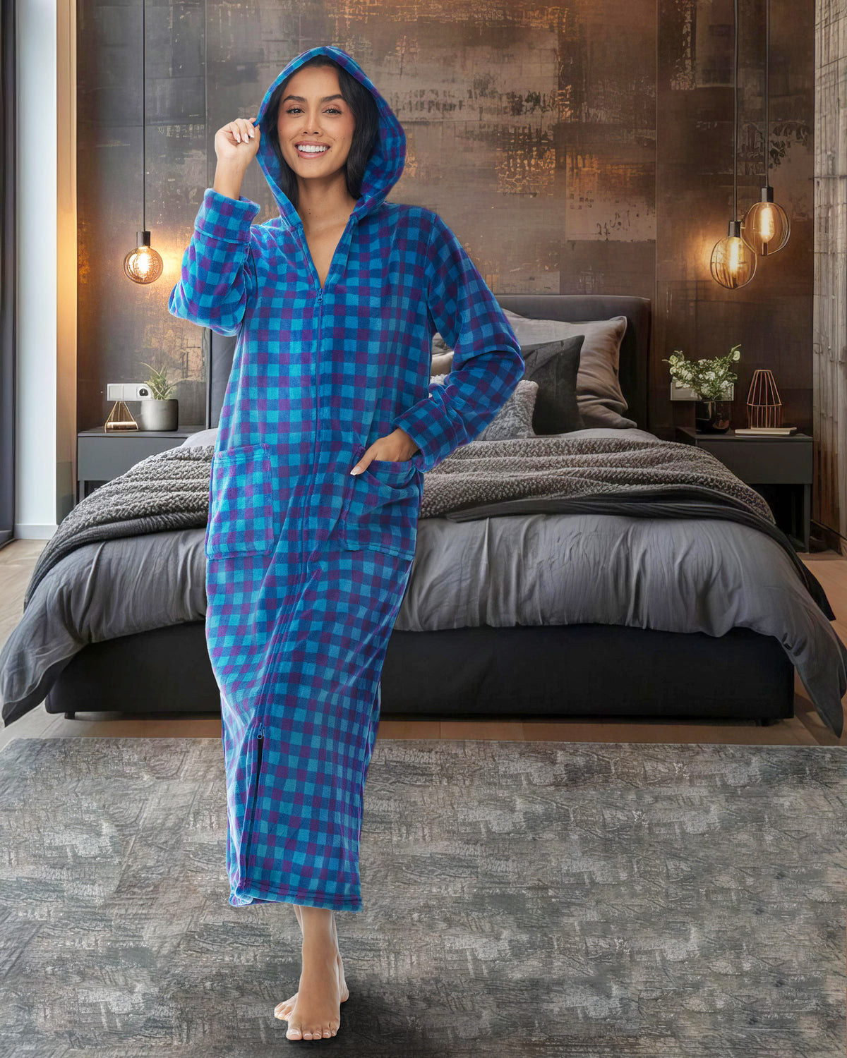 Women's Twilight Gingham Check Zip Up Fleece Robe with Hood, Oversized Hooded Bathrobe with Two Way Zipper