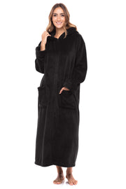 Women's Black Zip Up Fleece Robe with Hood, Oversized Hooded Bathrobe with Two Way Zipper