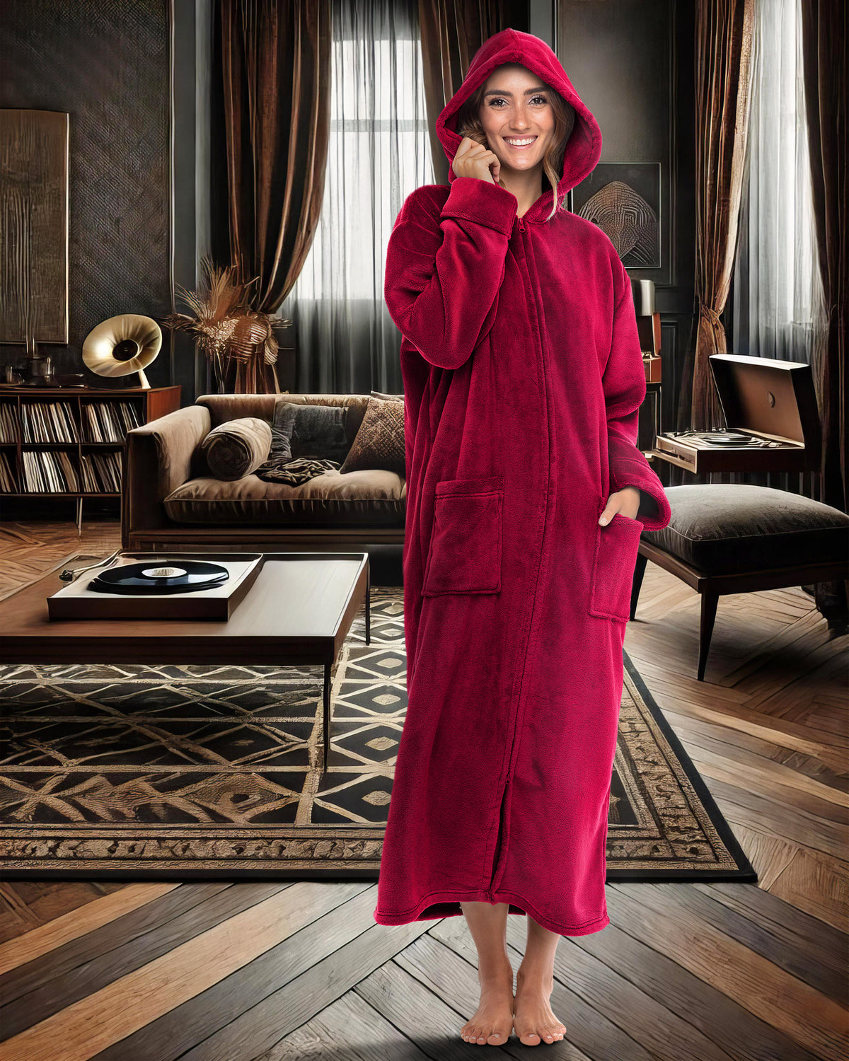 Women's Burgundy Zip Up Fleece Robe with Hood, Oversized Hooded Bathrobe with Two Way Zipper