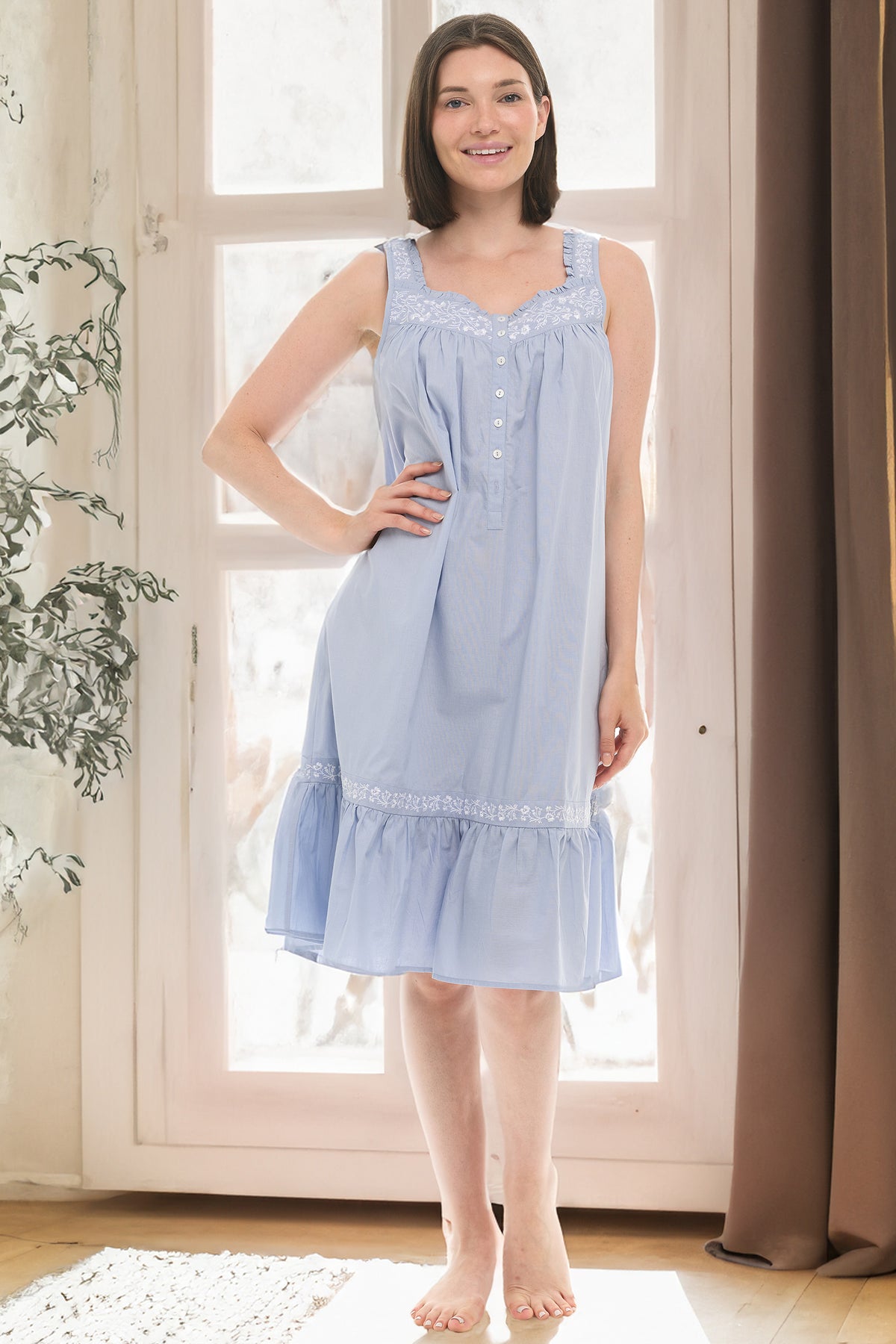 Women Light Blue Cotton Victorian Nightgown, Embroidered Floral Sleeveless Summer Vintage Night Dress Gown