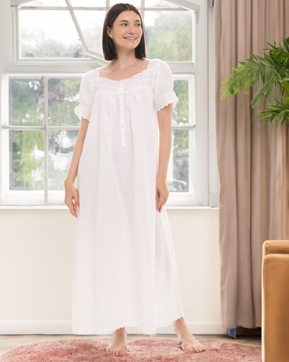 Women's White Version 2 Cotton Victorian Nightgown, Amelia Short Sleeve Lace Trimmed Button Up Long Night Dress