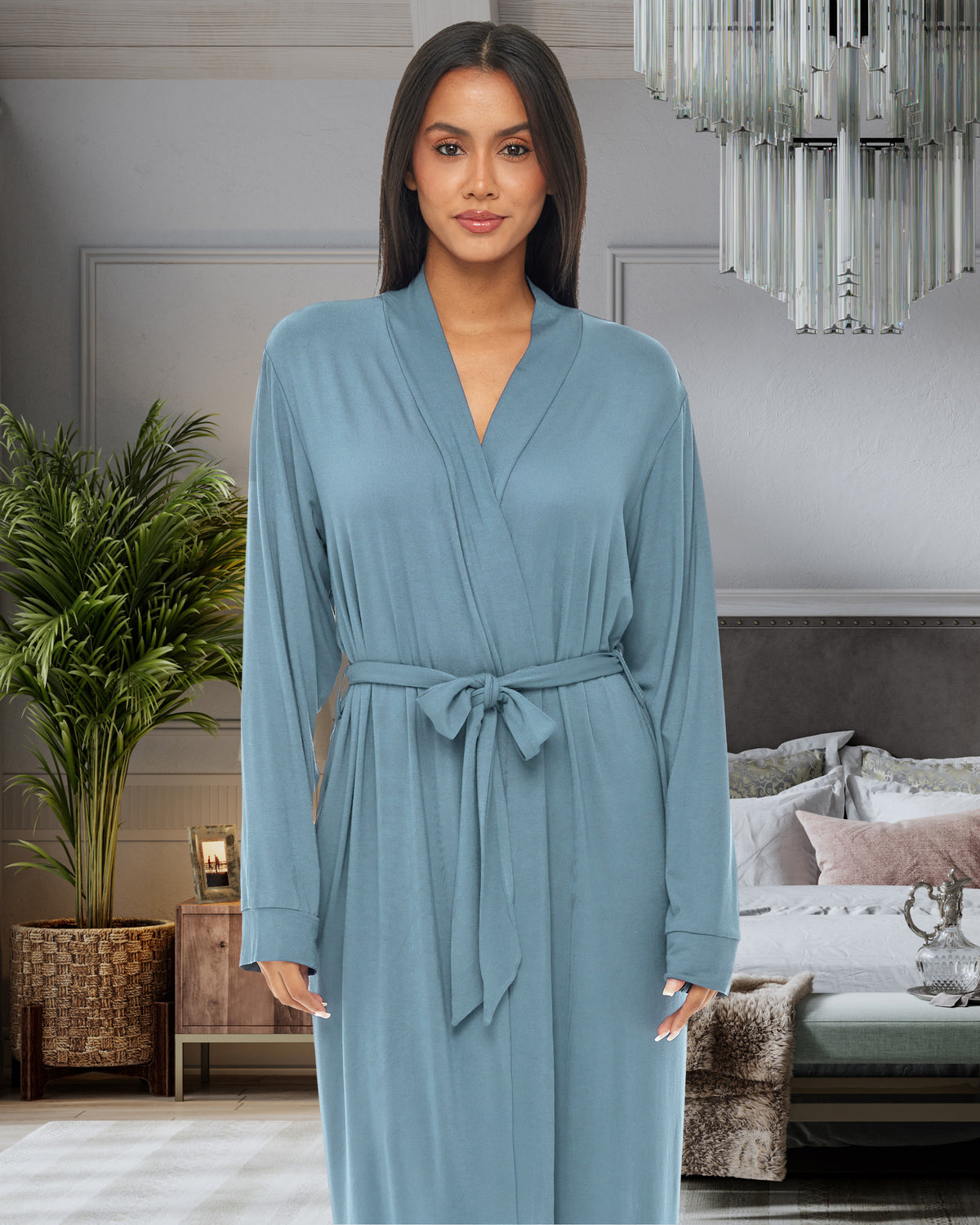 Women's Shadow Blue Cotton Long Knit Robe with Pockets, Lightweight Bathrobe