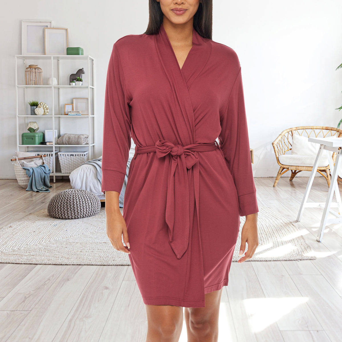 Women's Rose Taupe Classic Knit Robe with Pockets, Lightweight Knee Length Bathrobe