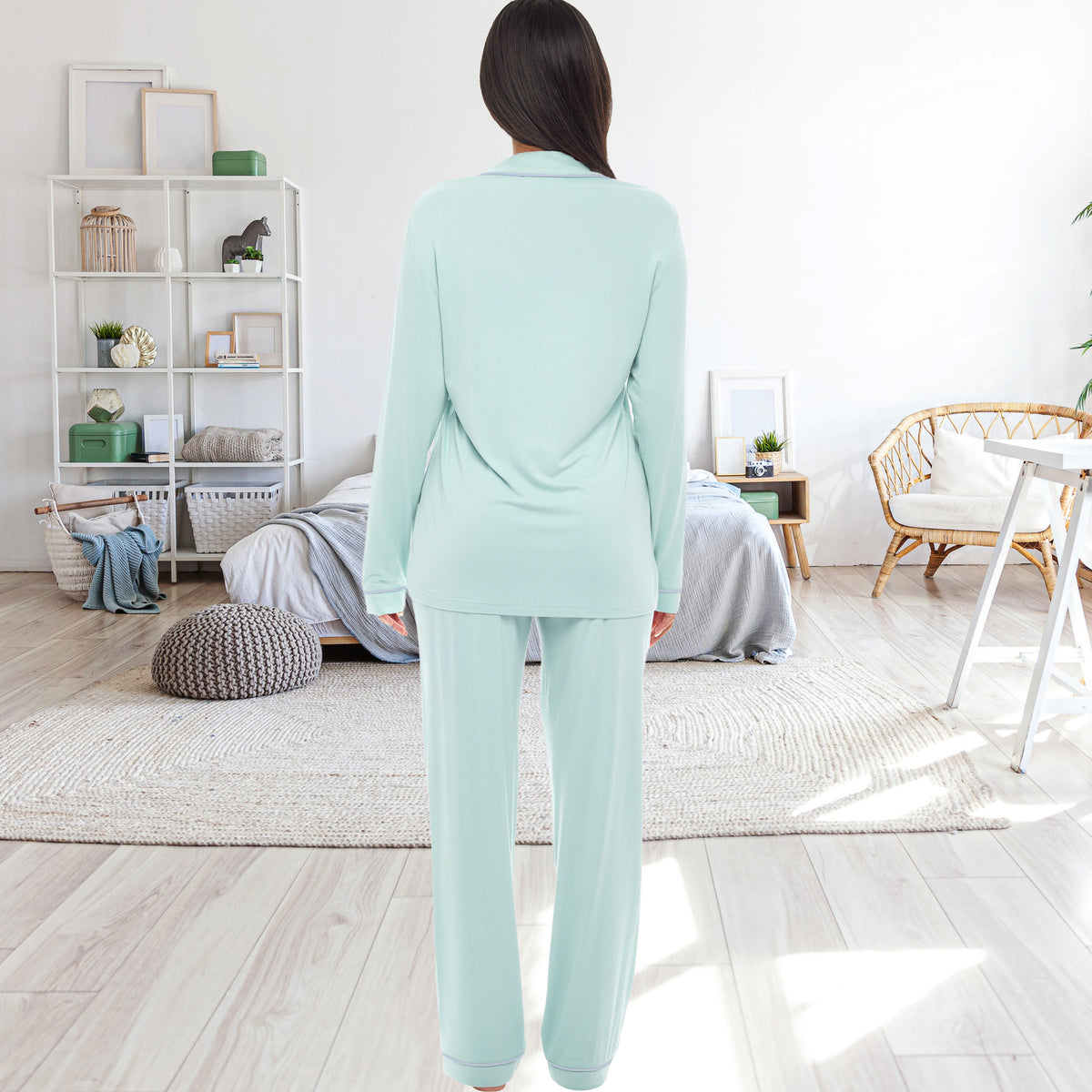 Sea Green Classic Cotton Knit Pajamas Set with Pockets, Lightweight Long Sleeve PJ Set